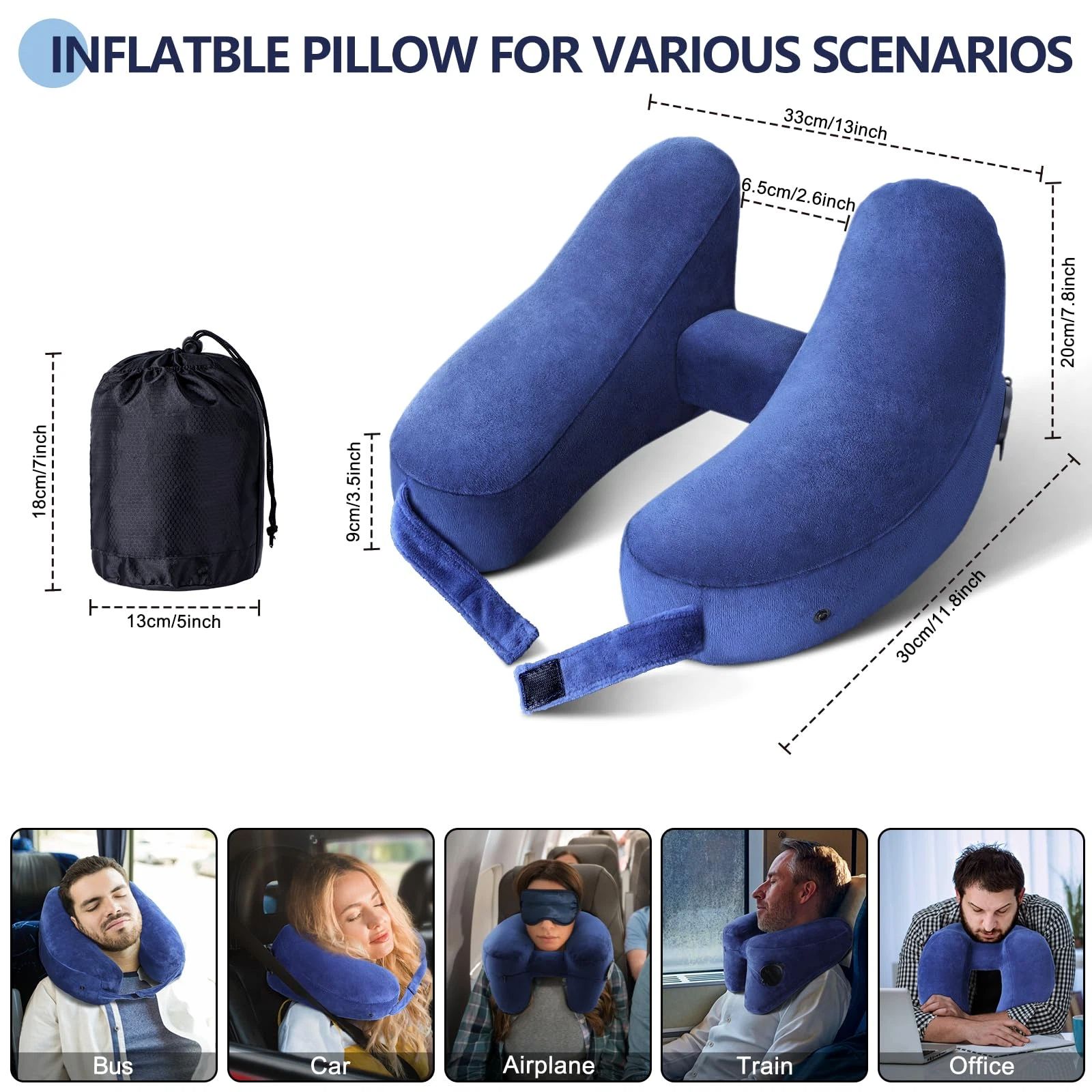 Neck Pillow for Travel Inflatable Airplane Pillow Comfortably Supports Head, Neck and Chin, Inflatable Travel Pillow with Soft Velour Cover and Portable Drawstring Bag (Blue) - Image 5