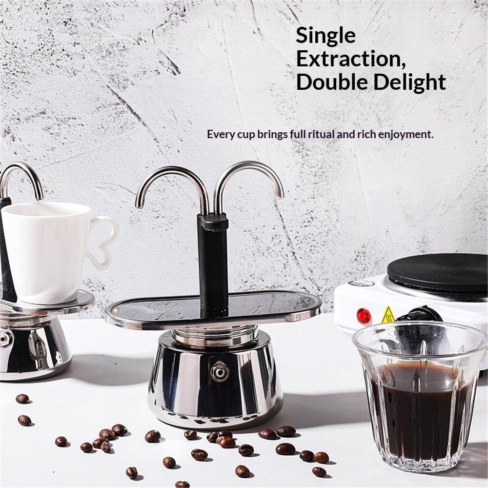 Double Spout 2 Cup Coffee Maker - Stainless Steel Espresso Maker - Italian Coffee Machine for Espresso, Cappuccino, and Mocha - Portable Brew Pot for Home or Camping - Image 2