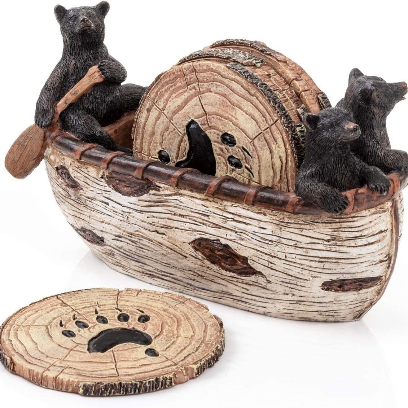 Bear Coasters Set of 6 Full Size Rustic Coasters in Handmade Canoe with Adorable Black Bear Figurines | Black Bear Log Cabin Decorations, Rustic Lodge Decor for The Home - Image 1