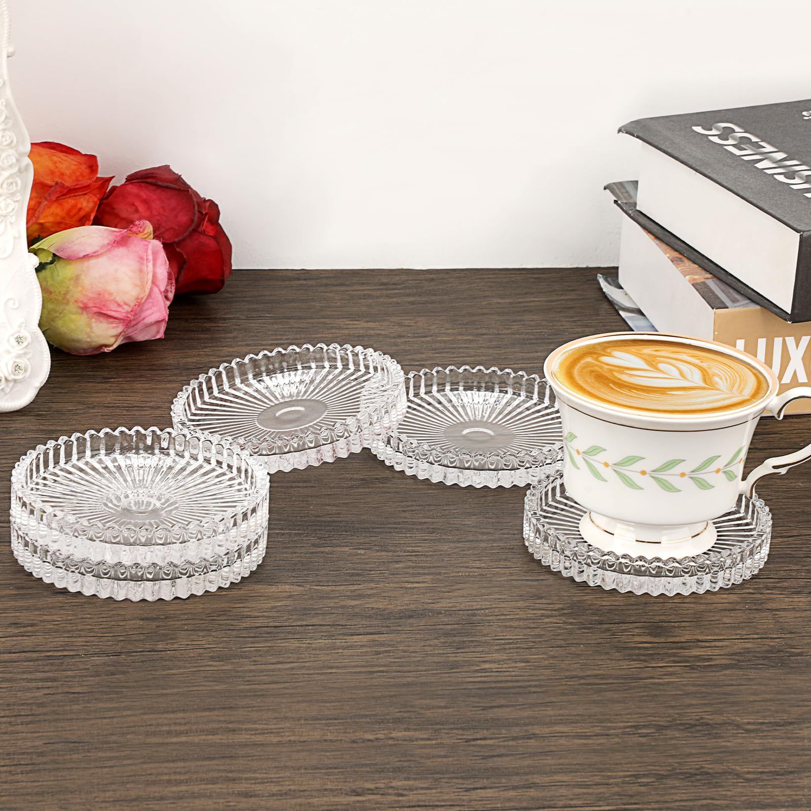 Modern Clear Coaster Set of 4- Glass Coasters for Drinks Crystal Coasters Round Cup Mat Coffee Table Decor for Office, Kitchen, Bar, Dining Room, Living Room, Patio (Clear) - Image 3