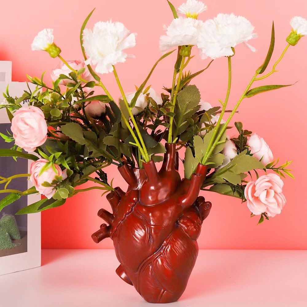 Vase Flower Vases Heart Shaped Decor Resin Flower Pot Modern Unique Nordic Art Style Decorative Vase for Home Wedding Gift Desktop Living Room Decoration - Red - Image 2