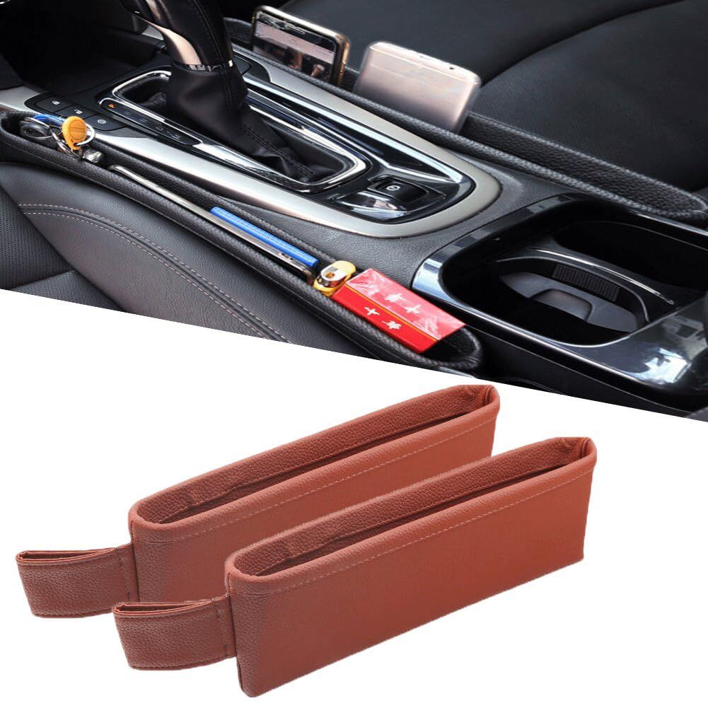 Car Seat Pockets PU Leather Car Console Side Organizer Seat Catcher Holders Compatible with Phone Key Wallet Phone Sunglasses 2 Pack (Brown) - Image 1