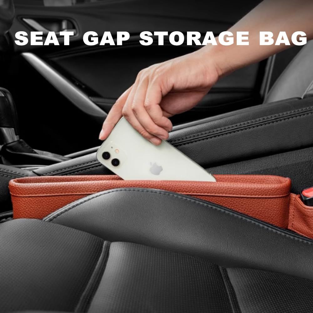 Car Seat Pockets PU Leather Car Console Side Organizer Seat Catcher Holders Compatible with Phone Key Wallet Phone Sunglasses 2 Pack (Brown) - Image 2