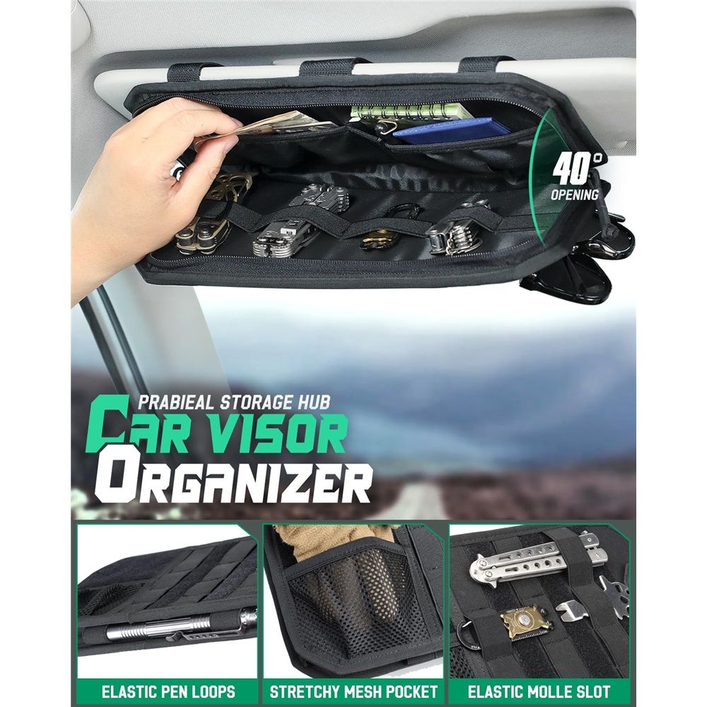 Car Sun Visor Organizer, Design Car Accessories with Zipper Visor Storage Pouch & Glasses Clip, Semi-Rigid Panel for Gears, Fits Most Vehicles, SUVs, Trucks - Image 3