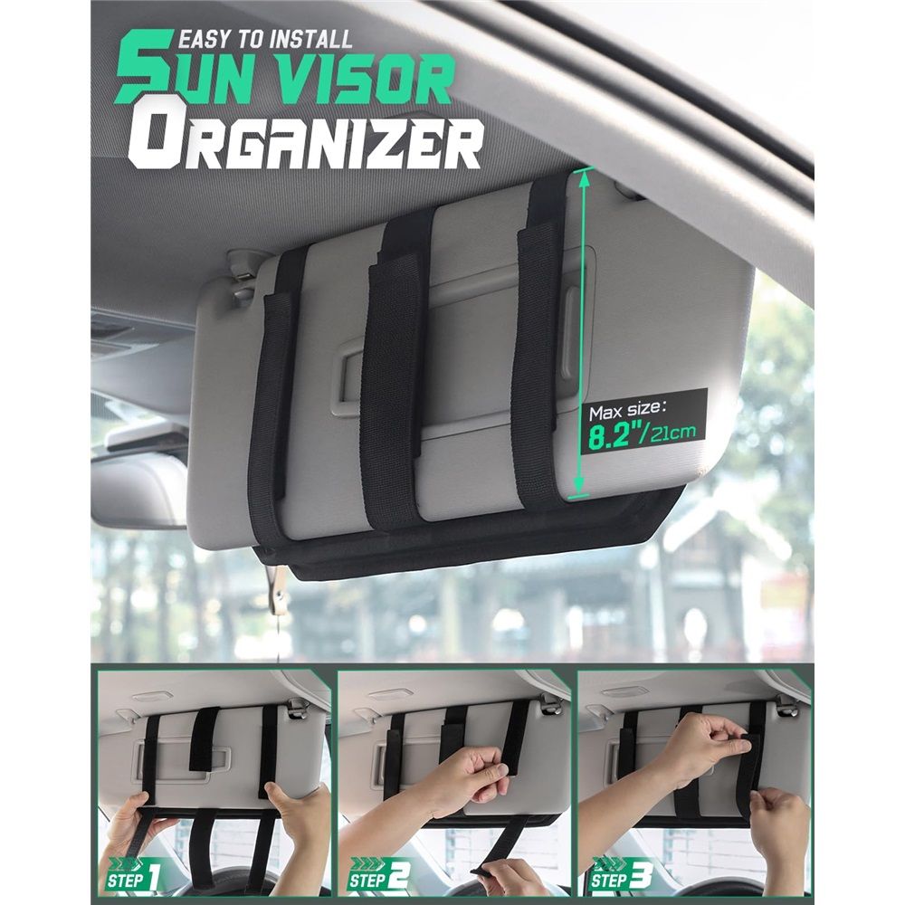 Car Sun Visor Organizer, Design Car Accessories with Zipper Visor Storage Pouch & Glasses Clip, Semi-Rigid Panel for Gears, Fits Most Vehicles, SUVs, Trucks - Image 4