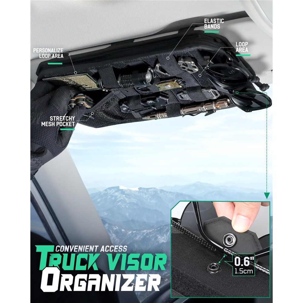 Car Sun Visor Organizer, Design Car Accessories with Zipper Visor Storage Pouch & Glasses Clip, Semi-Rigid Panel for Gears, Fits Most Vehicles, SUVs, Trucks - Image 5