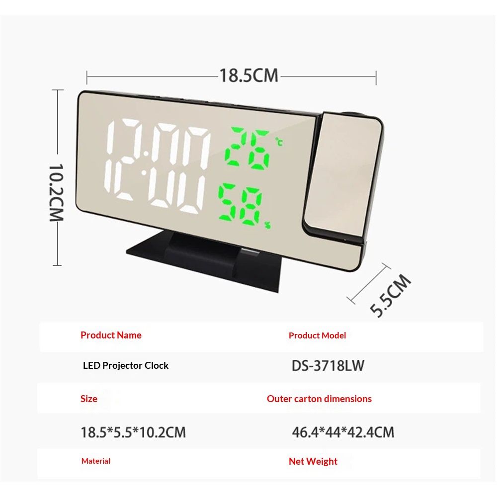Digital Projection Alarm Clock with Temperature and Humidity Display, white LED Display，The Projection That can be Turned. - Image 5