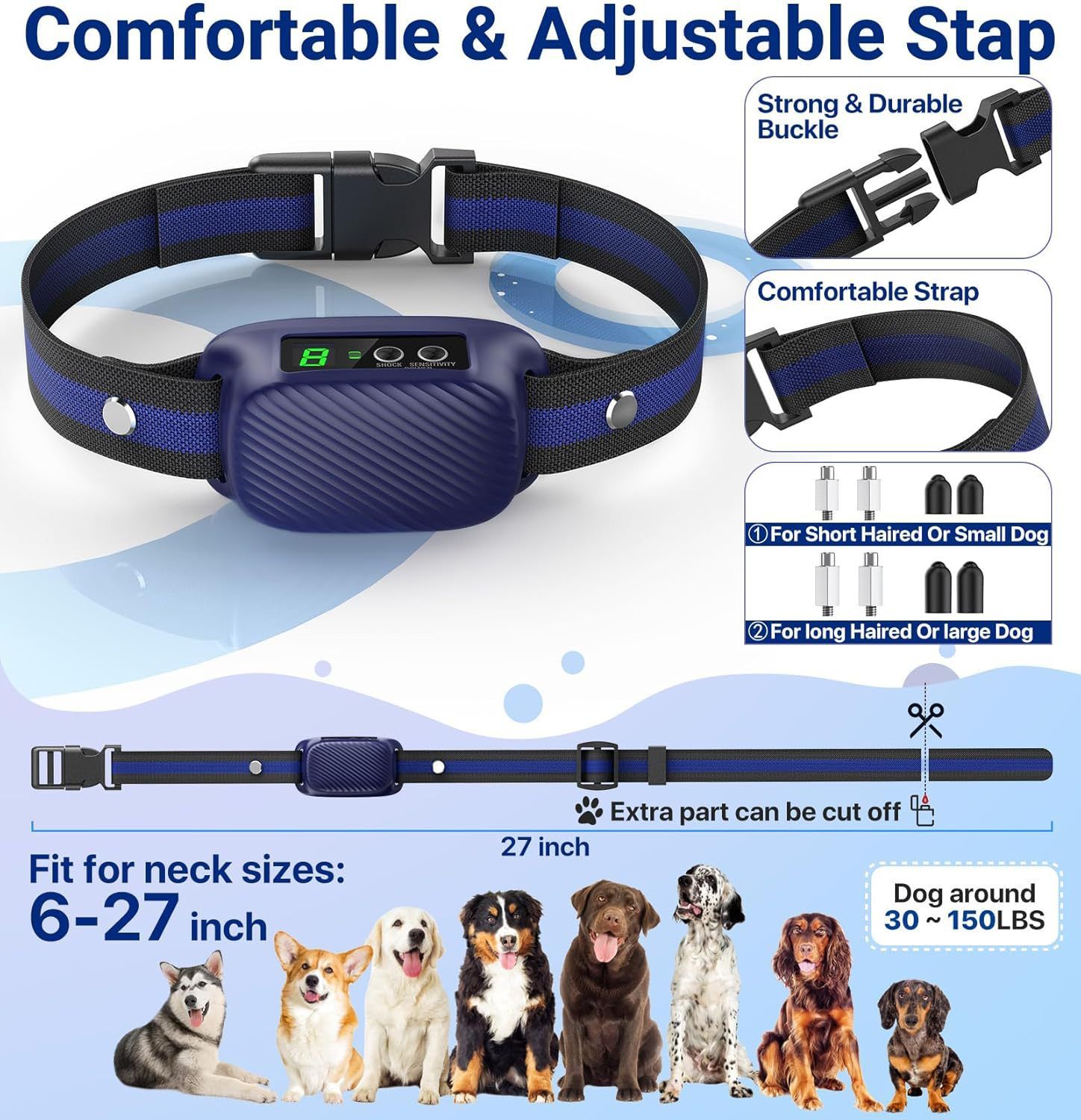 Dog Bark Collar for Large Medium Dogs,Automatic Barking Collar with 3 Training Mode,Rechargeable Anti Bark Collar （blue） - Image 5