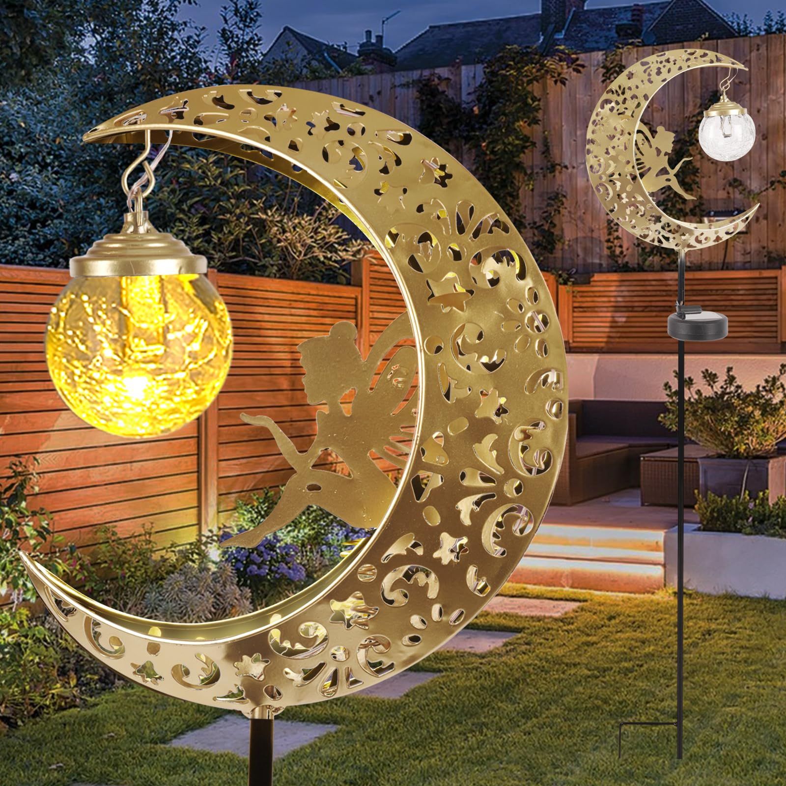 Solar Lights Outdoor Waterproof Fairy Moon Crackle Glass Lights with Metal Angel Decor for Walkway Yard Patio or Garden Gifts for Mom Grandma Friends - Image 1