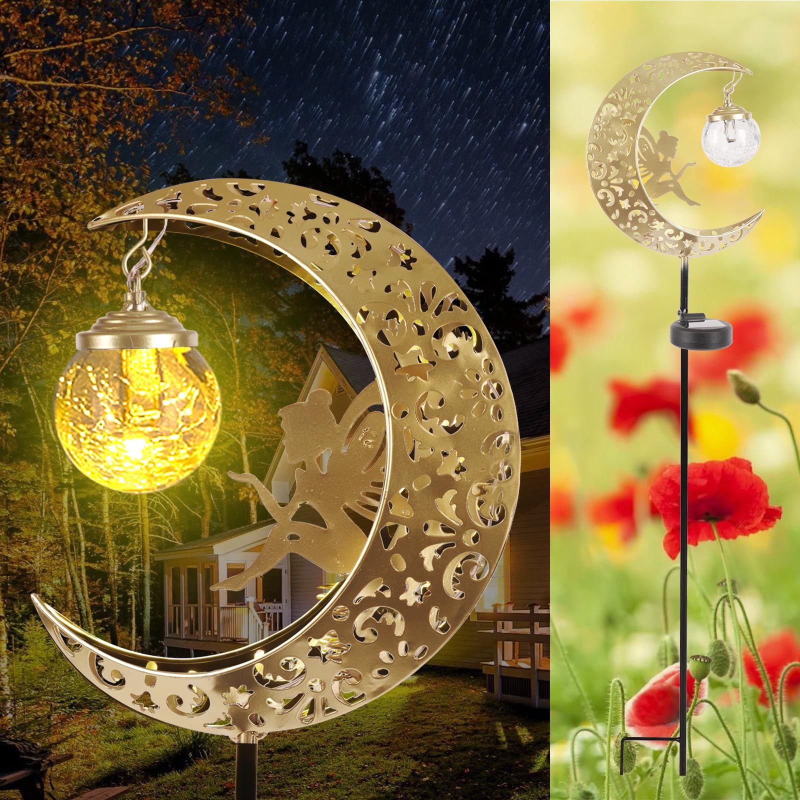 Solar Lights Outdoor Waterproof Fairy Moon Crackle Glass Lights with Metal Angel Decor for Walkway Yard Patio or Garden Gifts for Mom Grandma Friends - Image 2