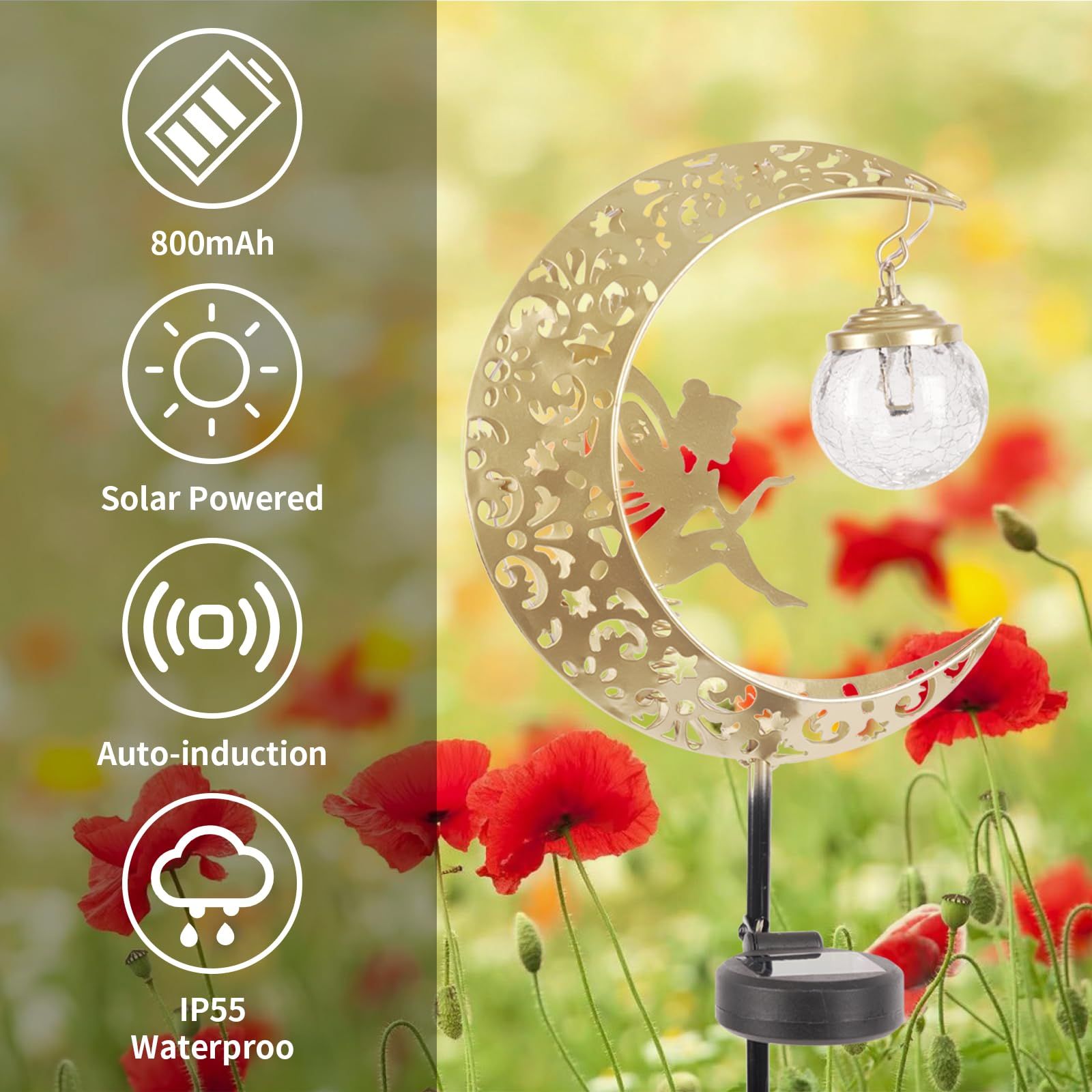 Solar Lights Outdoor Waterproof Fairy Moon Crackle Glass Lights with Metal Angel Decor for Walkway Yard Patio or Garden Gifts for Mom Grandma Friends - Image 3