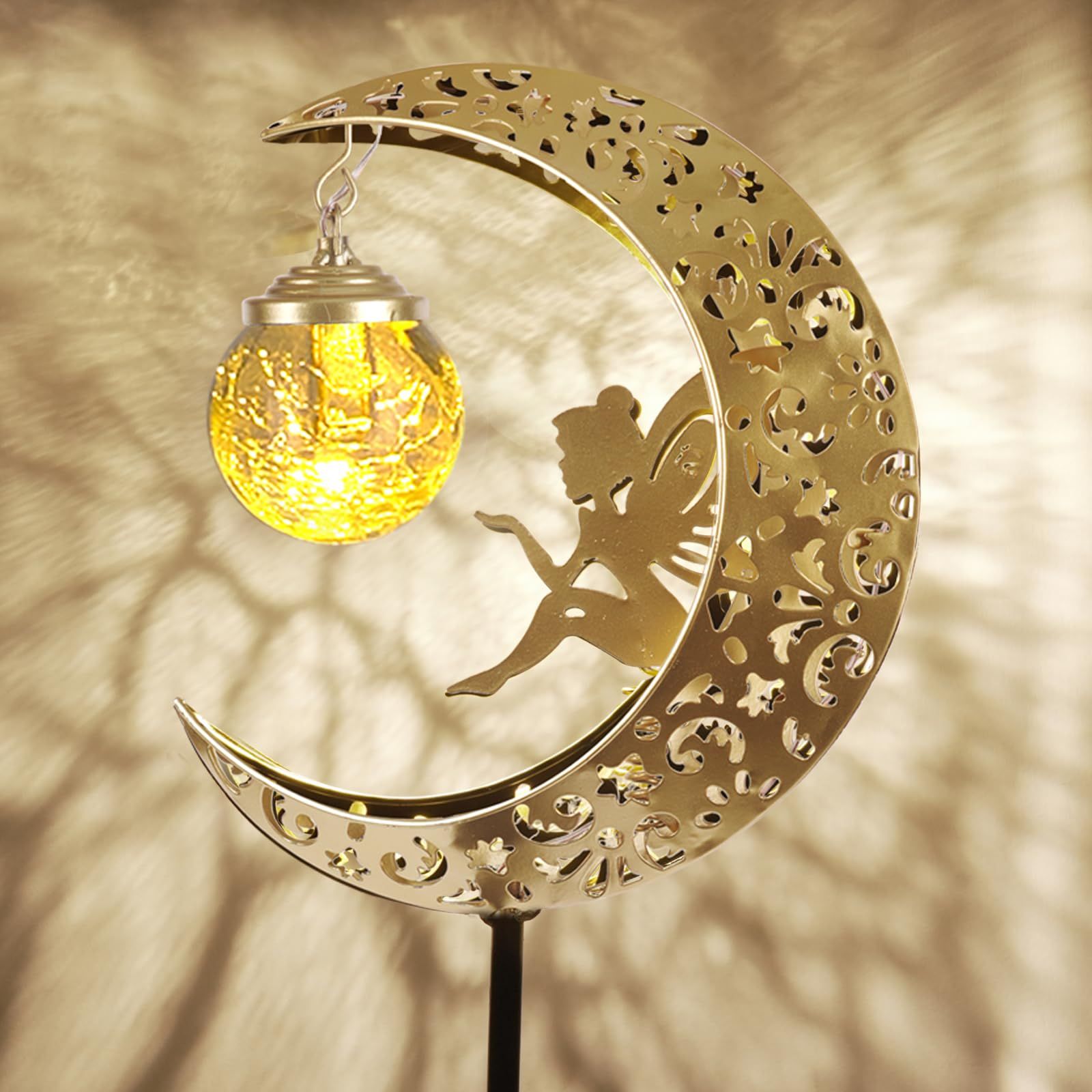 Solar Lights Outdoor Waterproof Fairy Moon Crackle Glass Lights with Metal Angel Decor for Walkway Yard Patio or Garden Gifts for Mom Grandma Friends - Image 4