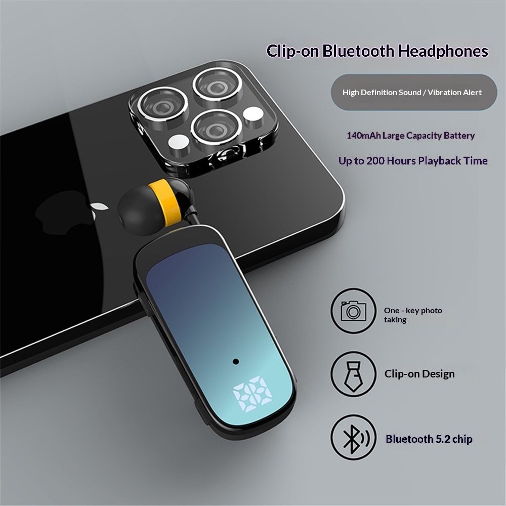 Retractable Wireless Headset Headphone Stereo Earphone V5.2 Noise Cancelling Mic Clip on Earpiece Comfortable HandsFree Headset 20Hrs Talking Time Sports Business Trucker Driver Earbud - Image 3
