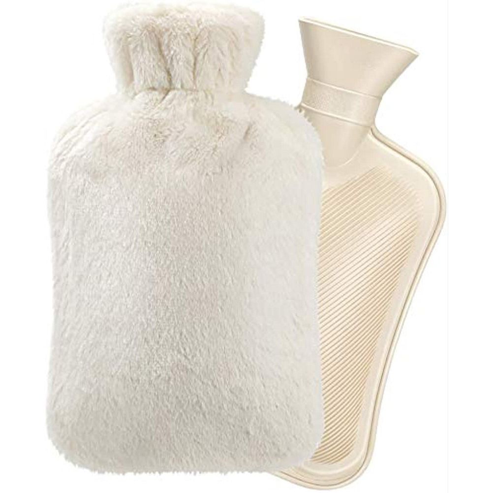 Hot Water Bottle with Soft Cover (2 Liter) , Neck Shoulders Pain Relief Hot Cold Pack for Hot and Cold Therapy and Feet Warmer Great Gift for Women and Girls（beige white） - Image 1