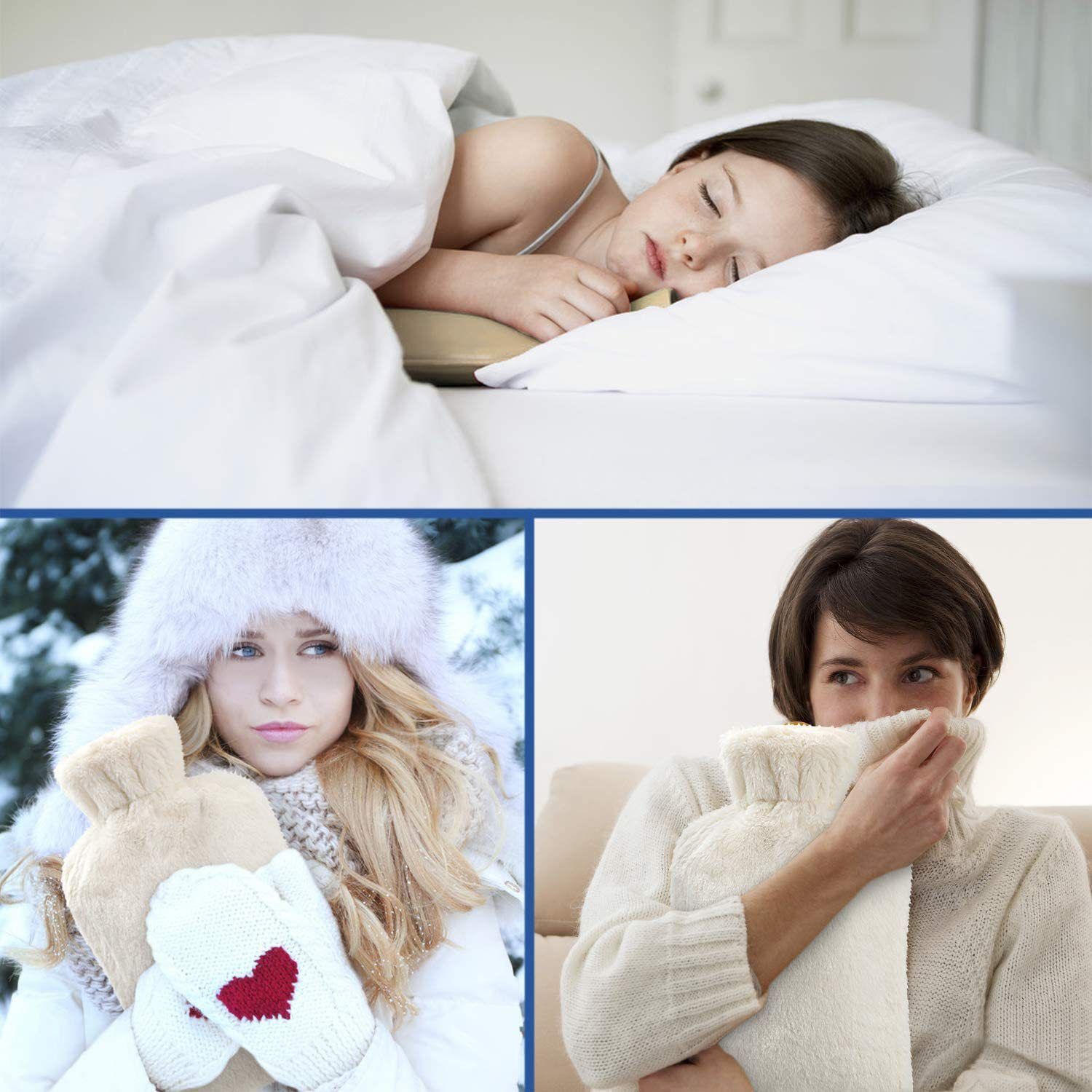 Hot Water Bottle with Soft Cover (2 Liter) , Neck Shoulders Pain Relief Hot Cold Pack for Hot and Cold Therapy and Feet Warmer Great Gift for Women and Girls（beige white） - Image 3