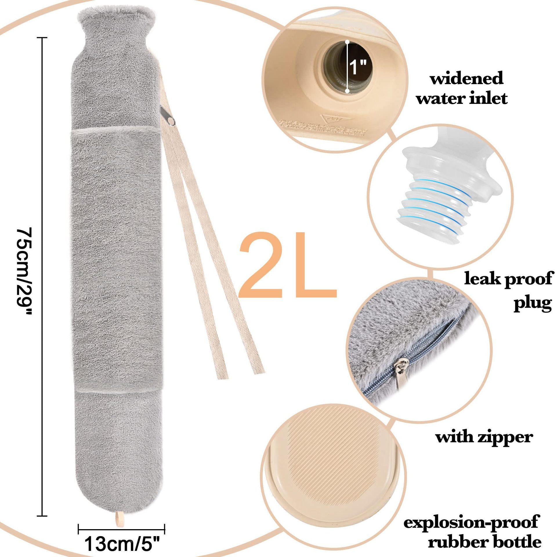 Long Hot Water Bottle,2L Leakproof Large Capacity,Warm Hot Water Bottles Pouch - for Shoulder Waist Foot Hand Leg Body Camping Bed Car Women Men Dad Mom ( Gray) - Image 5