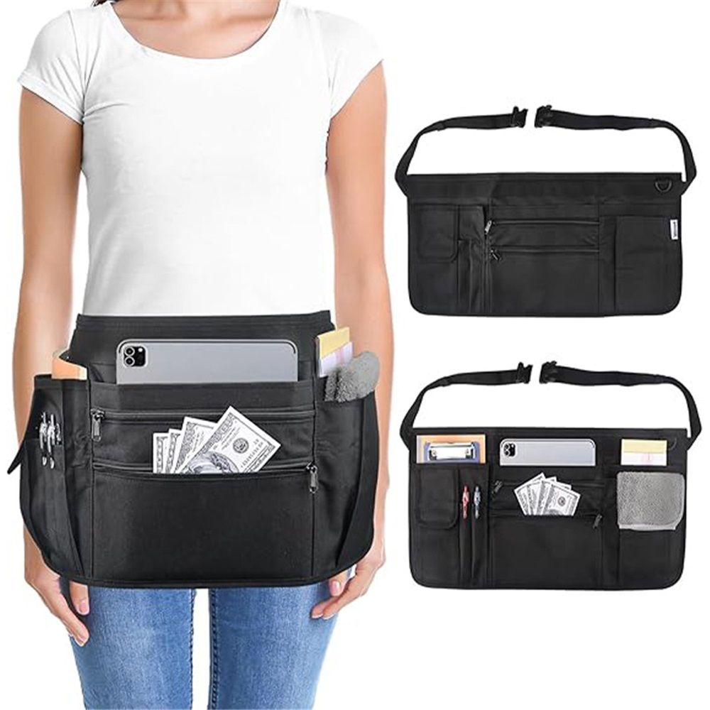 Waitress Apron with 7 Pockets — Black Half Bib with Zippers & Adjustable Belt, Waist Apron for Women/Men, Restaurant Servers, Kitchen Staff（Only one waist bag） - Image 2