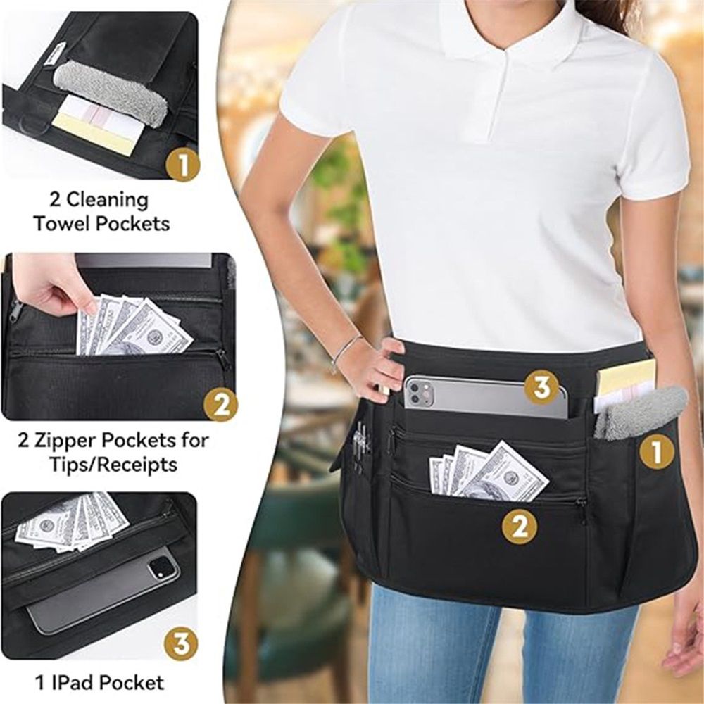 Waitress Apron with 7 Pockets — Black Half Bib with Zippers & Adjustable Belt, Waist Apron for Women/Men, Restaurant Servers, Kitchen Staff（Only one waist bag） - Image 4