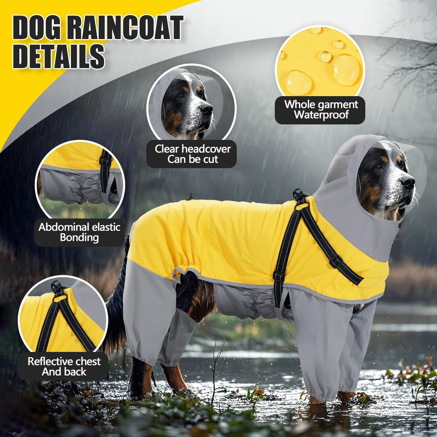 Dog Raincoat: Dog Rain Jacket with Reflective Harness & Hood | Waterproof Dogs Rain Coat Poncho for Large Medium Small Dogs Puppies (Yellow - M) - Image 2
