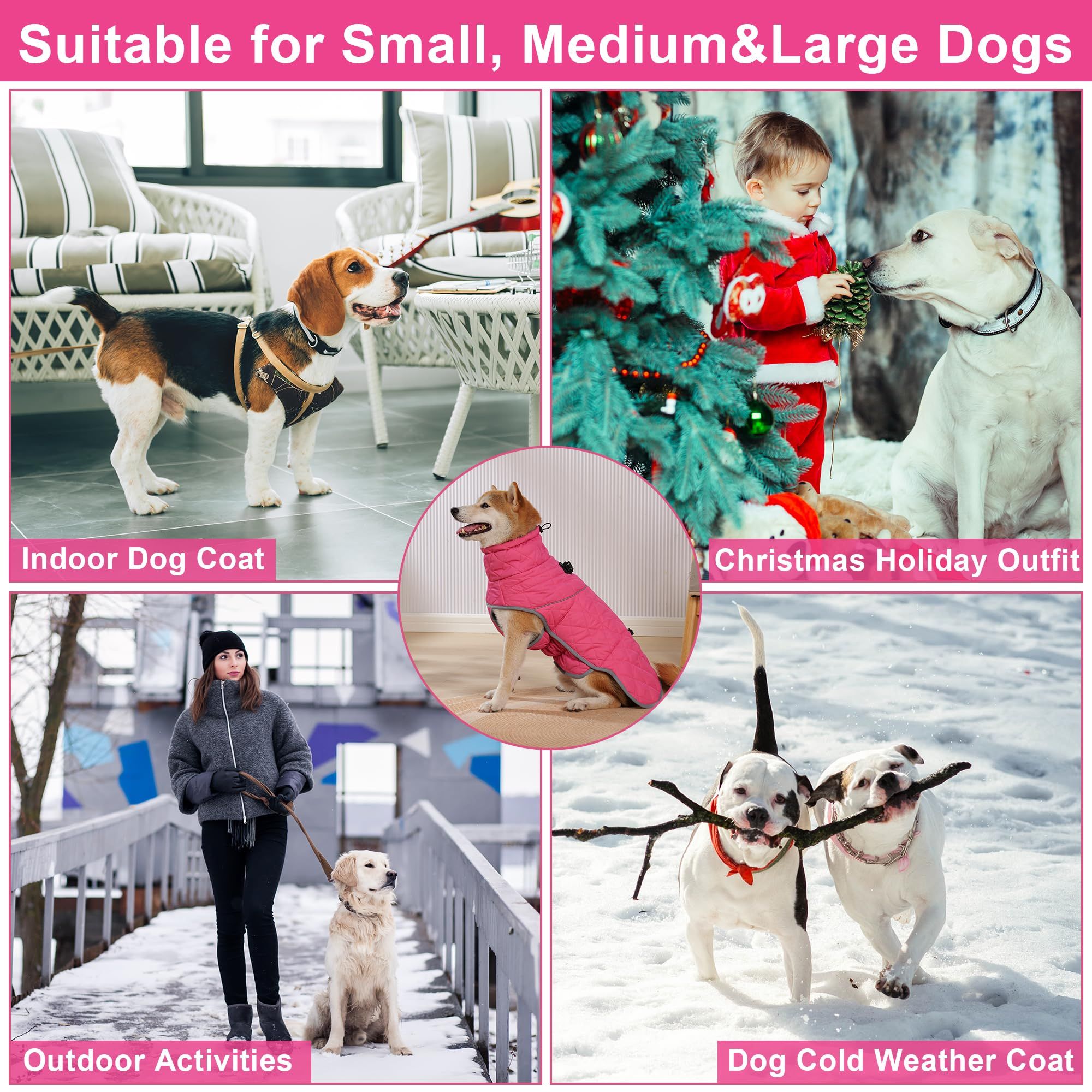 Winter Coat - Waterproof & Windproof Dog Puffer Jacket for Small to Large Dogs - Cold Weather Coat with Built-in Reflective Turtleneck & Adjustable Harness rose pink S - Image 4