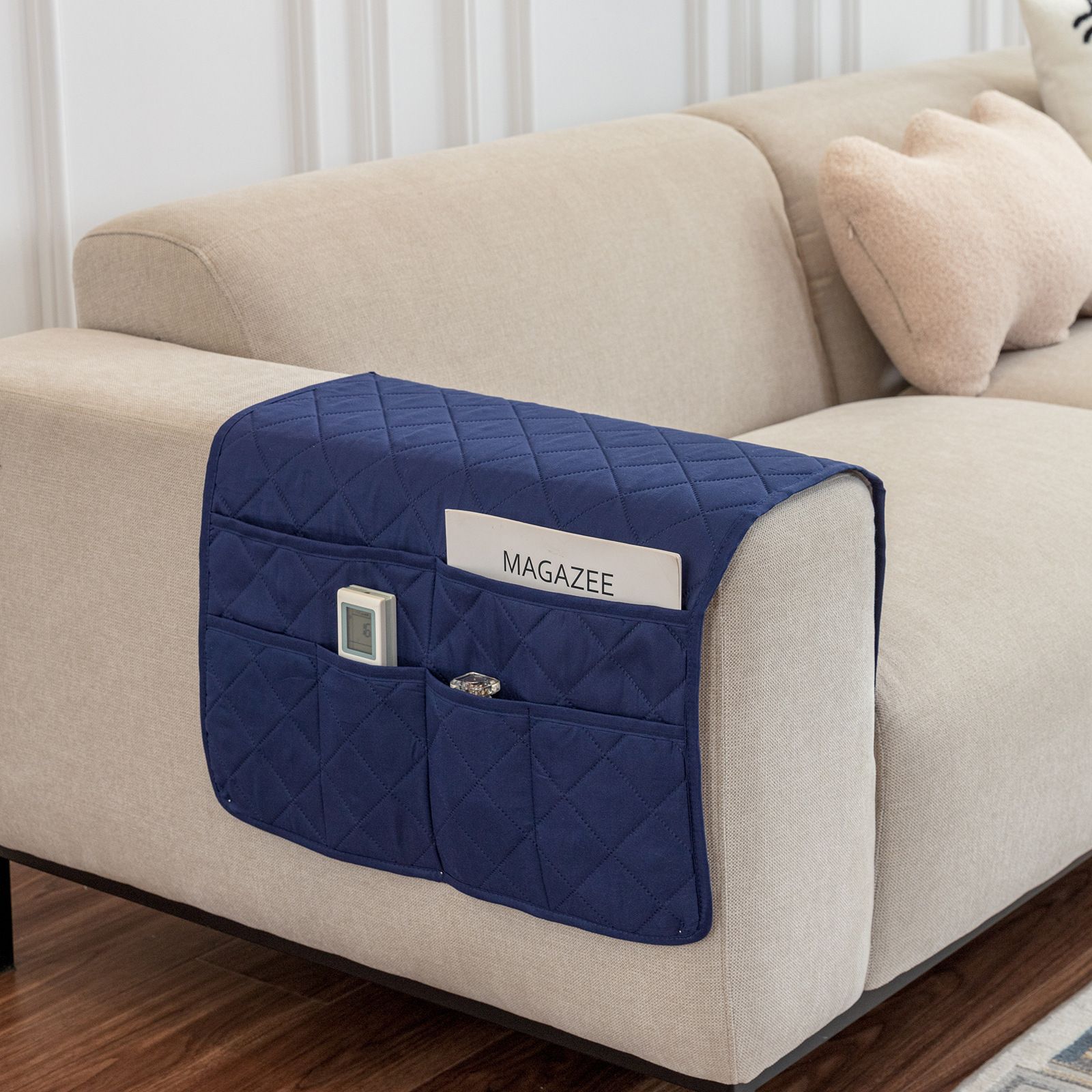 Sofa Armrest Organizer with 6 Pockets, Non-Slip Couch Recliner Armchair Caddy, Washable Remote Controls Holder, Storage for Magazine, Tablet (Navy) - Image 1