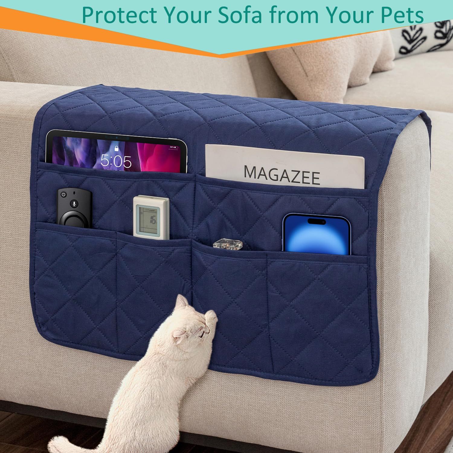 Sofa Armrest Organizer with 6 Pockets, Non-Slip Couch Recliner Armchair Caddy, Washable Remote Controls Holder, Storage for Magazine, Tablet (Navy) - Image 2