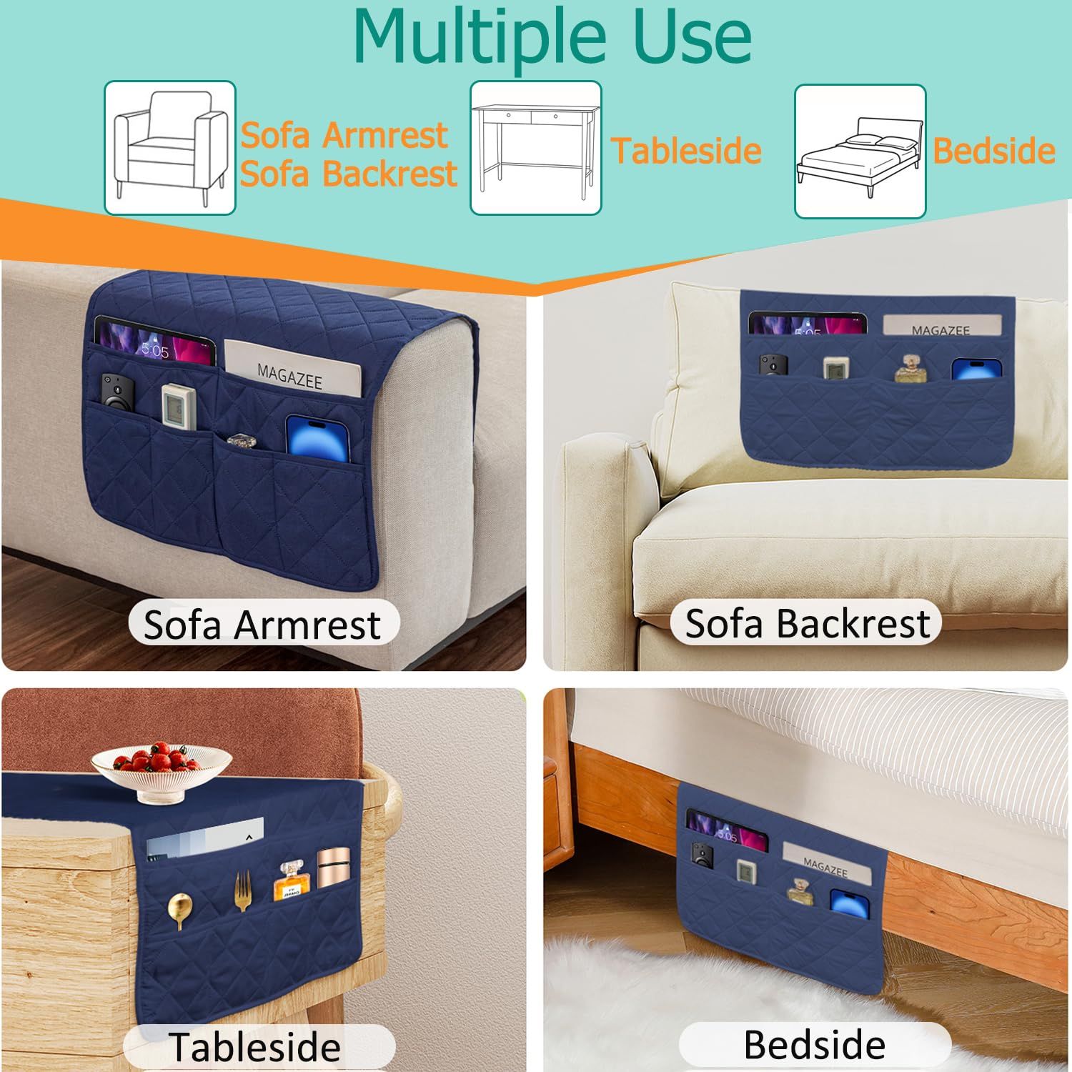 Sofa Armrest Organizer with 6 Pockets, Non-Slip Couch Recliner Armchair Caddy, Washable Remote Controls Holder, Storage for Magazine, Tablet (Navy) - Image 3