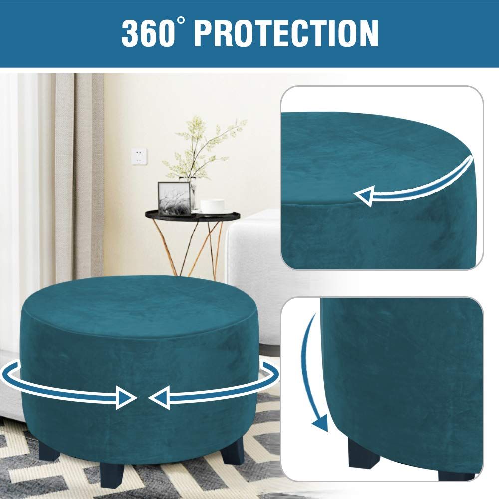 Circular lid sliding footstool protective cover storage stool elastic bottom stretch, made of velvet fabric (deep water blue small: 50-58CM) - Image 3