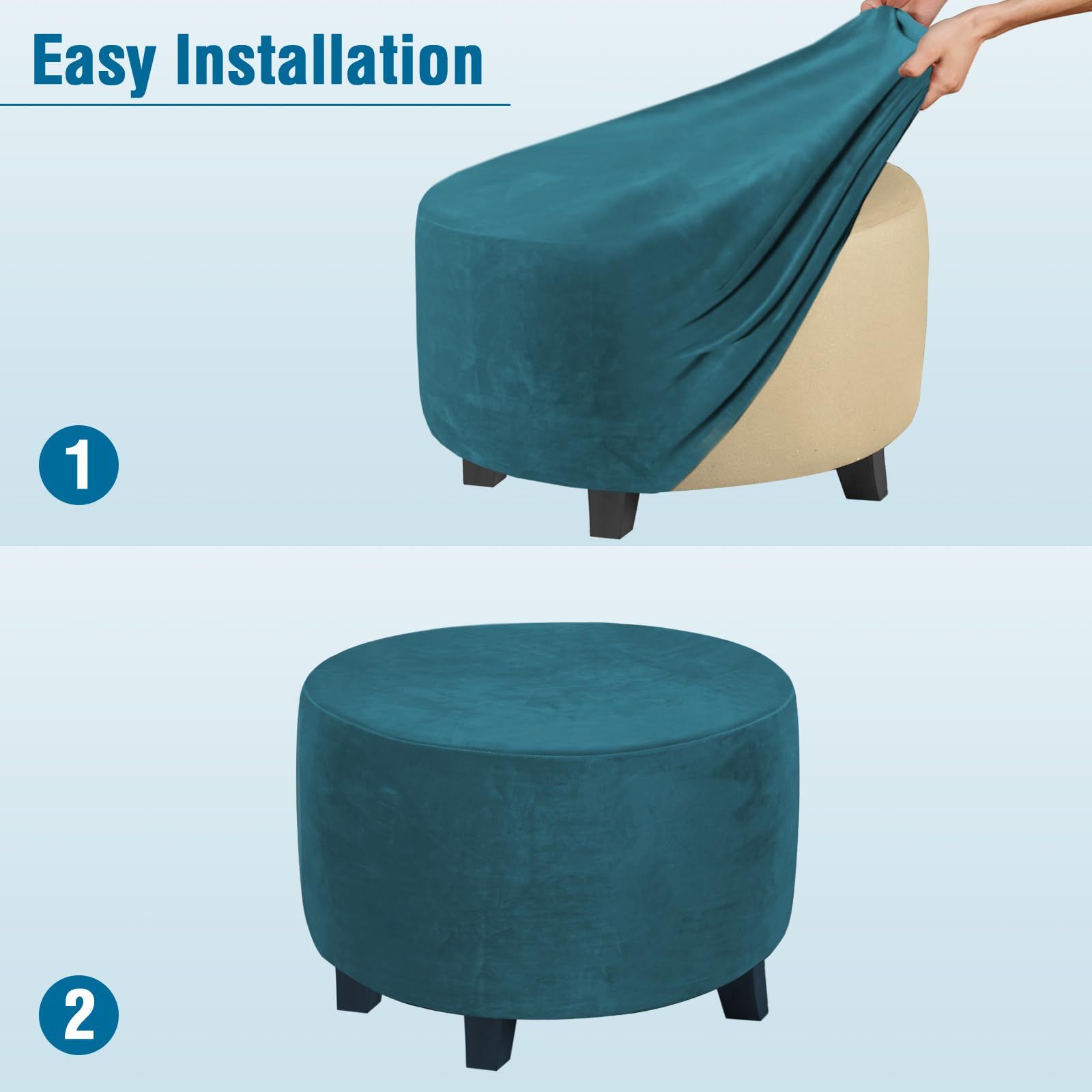 Circular lid sliding footstool protective cover storage stool elastic bottom stretch, made of velvet fabric (deep water blue small: 50-58CM) - Image 4