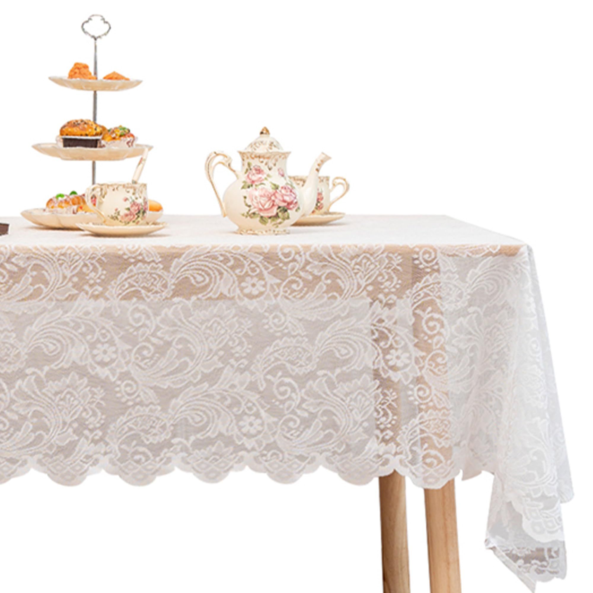 White Lace Tablecloth 70*150cm Rectangle Phoenix Tail Flower Embroidered Wedding Table Cloths for Outdoor Party Reception, Dinner Party, Baby Shower, - Image 1