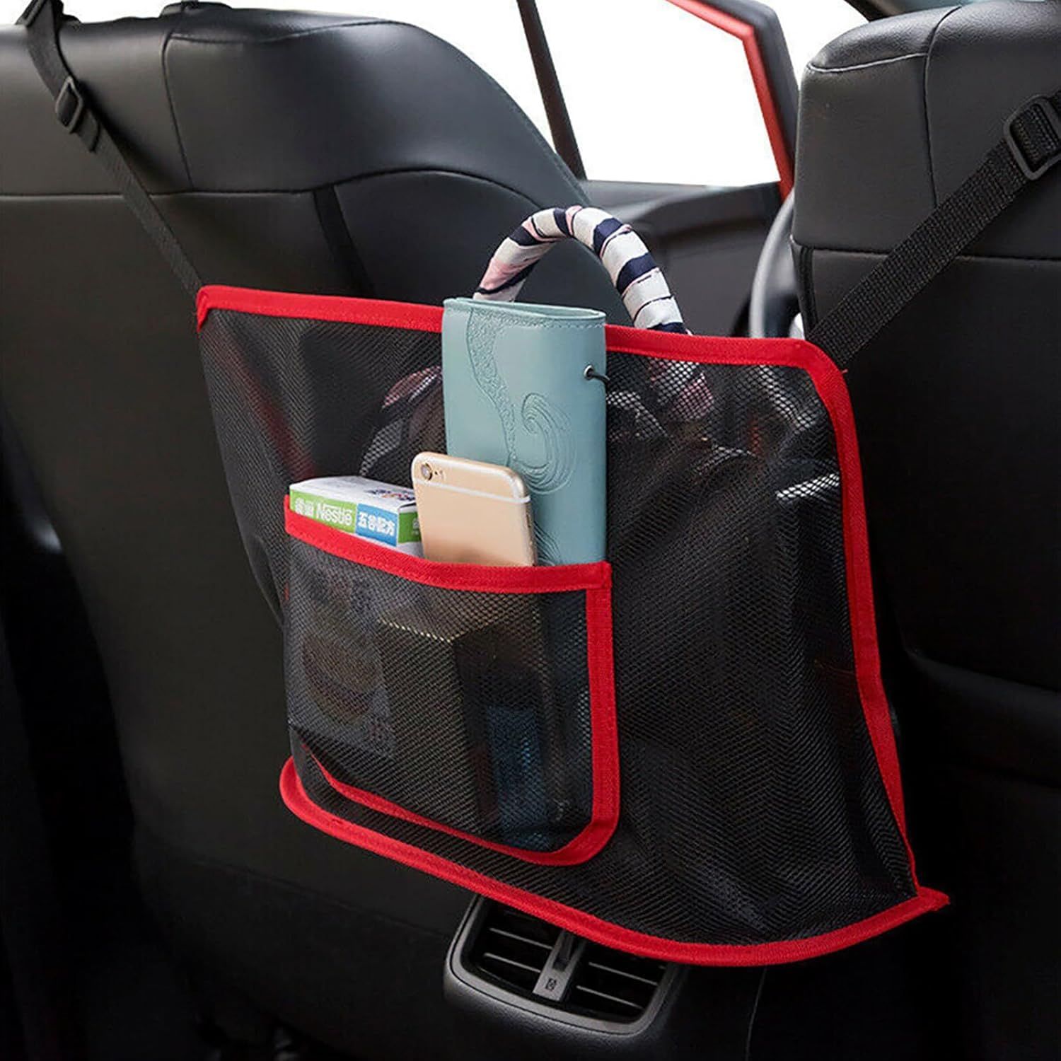 Car Net Pocket Handbag Holder, Driver Storage Netting Pouch for Purses and Bags, Safe Driving ( Red) - Image 4
