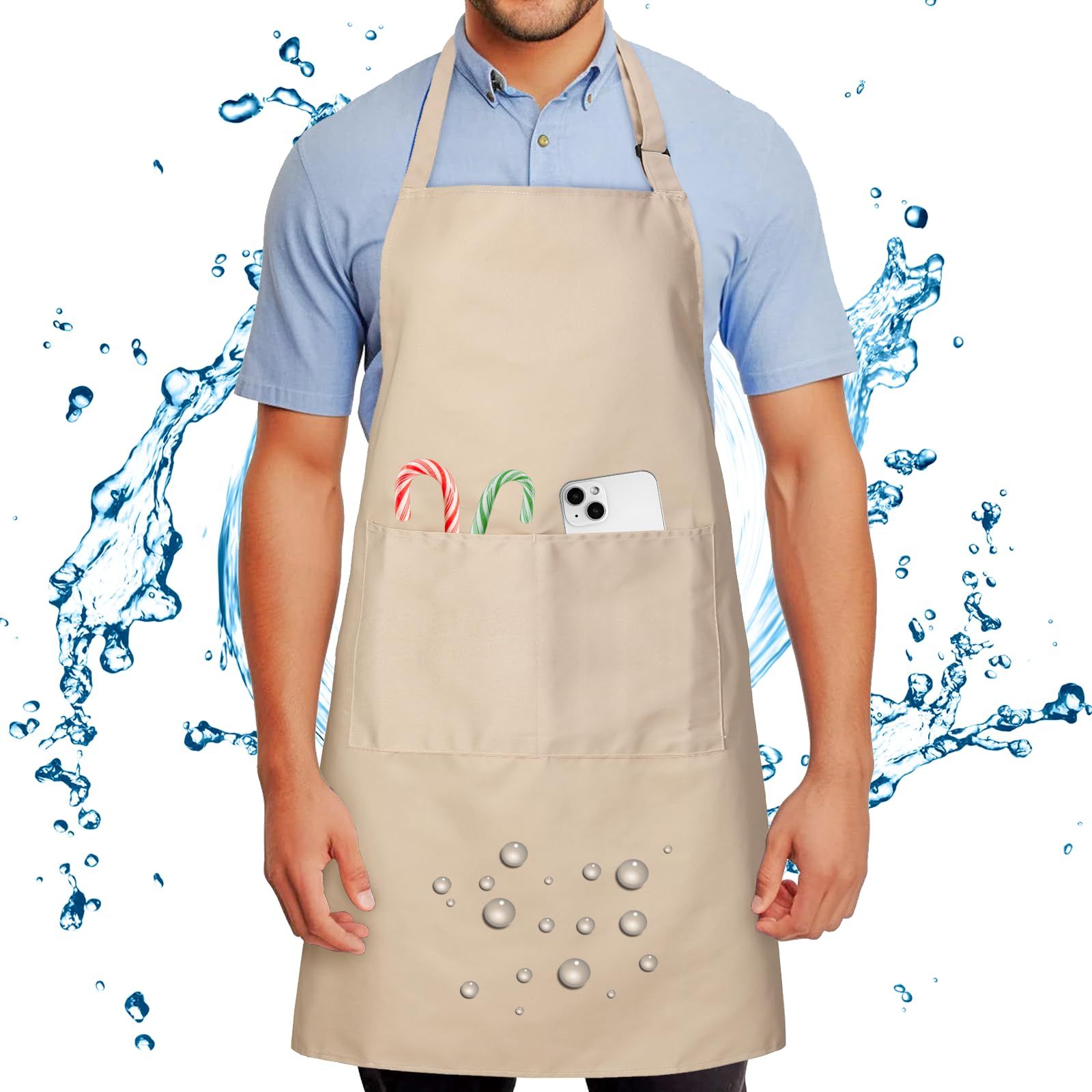 Chef Apron for Men and Women Wash Free Bib Apron with 2 Pockets Water & Oil Proof Adjustable Aprons waterproof beige - Image 1