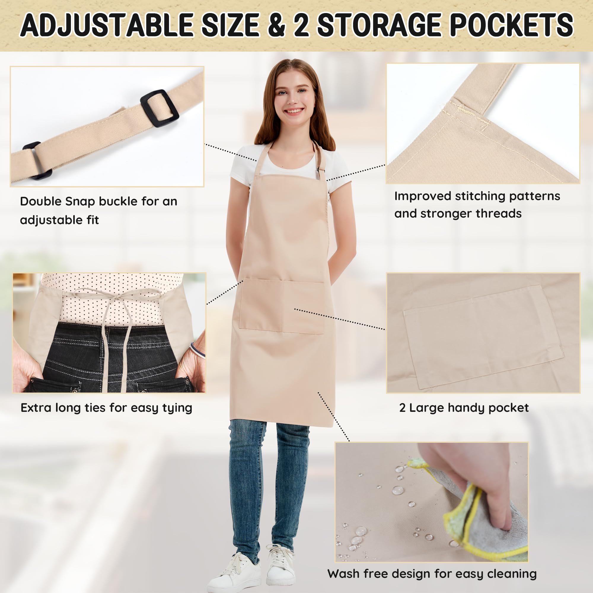 Chef Apron for Men and Women Wash Free Bib Apron with 2 Pockets Water & Oil Proof Adjustable Aprons waterproof beige - Image 2
