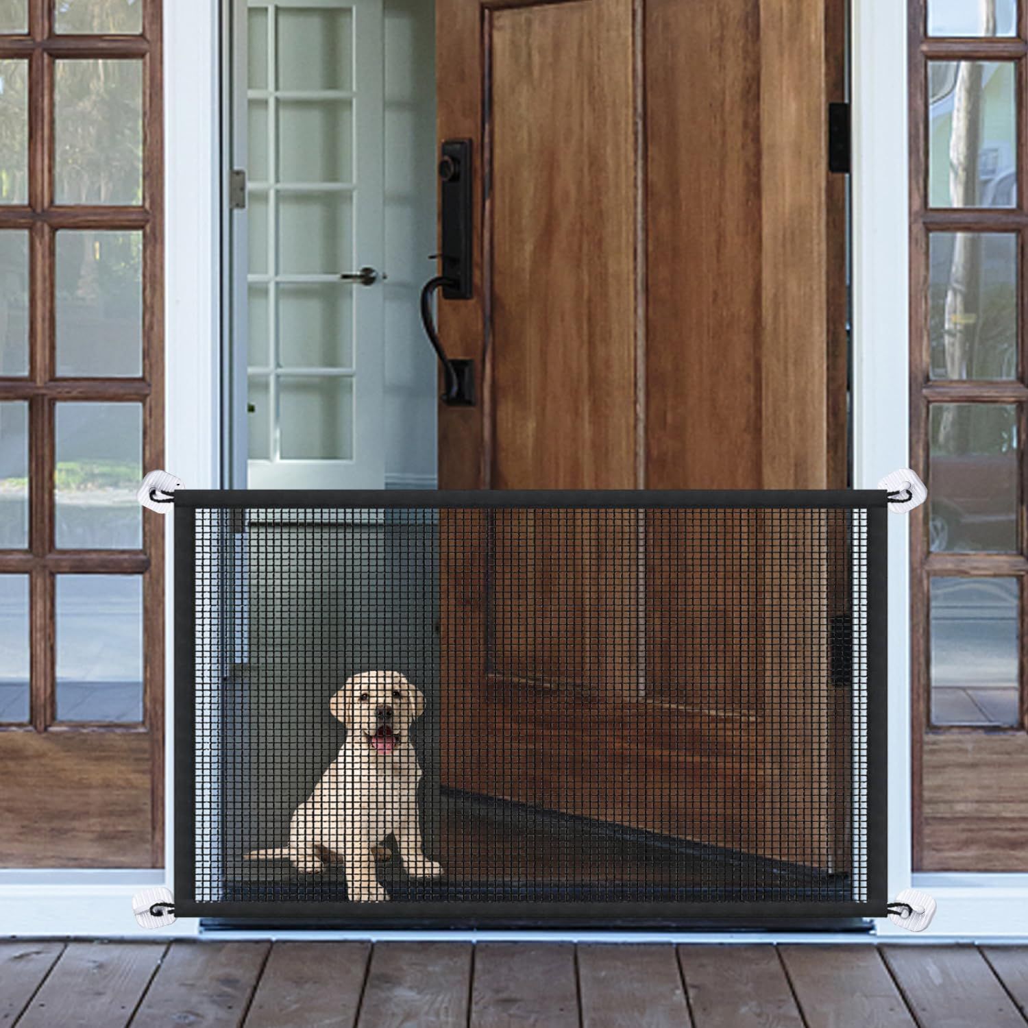 Mesh Dog Gates for Pets, Magic Pet Gate for The House, Portable Puppy Safety Fence Guard for Stairs and Doorways, Easy Install Anywhere, 4 Hooks 2 Stainless Steel Poles（110*72cm） - Image 2