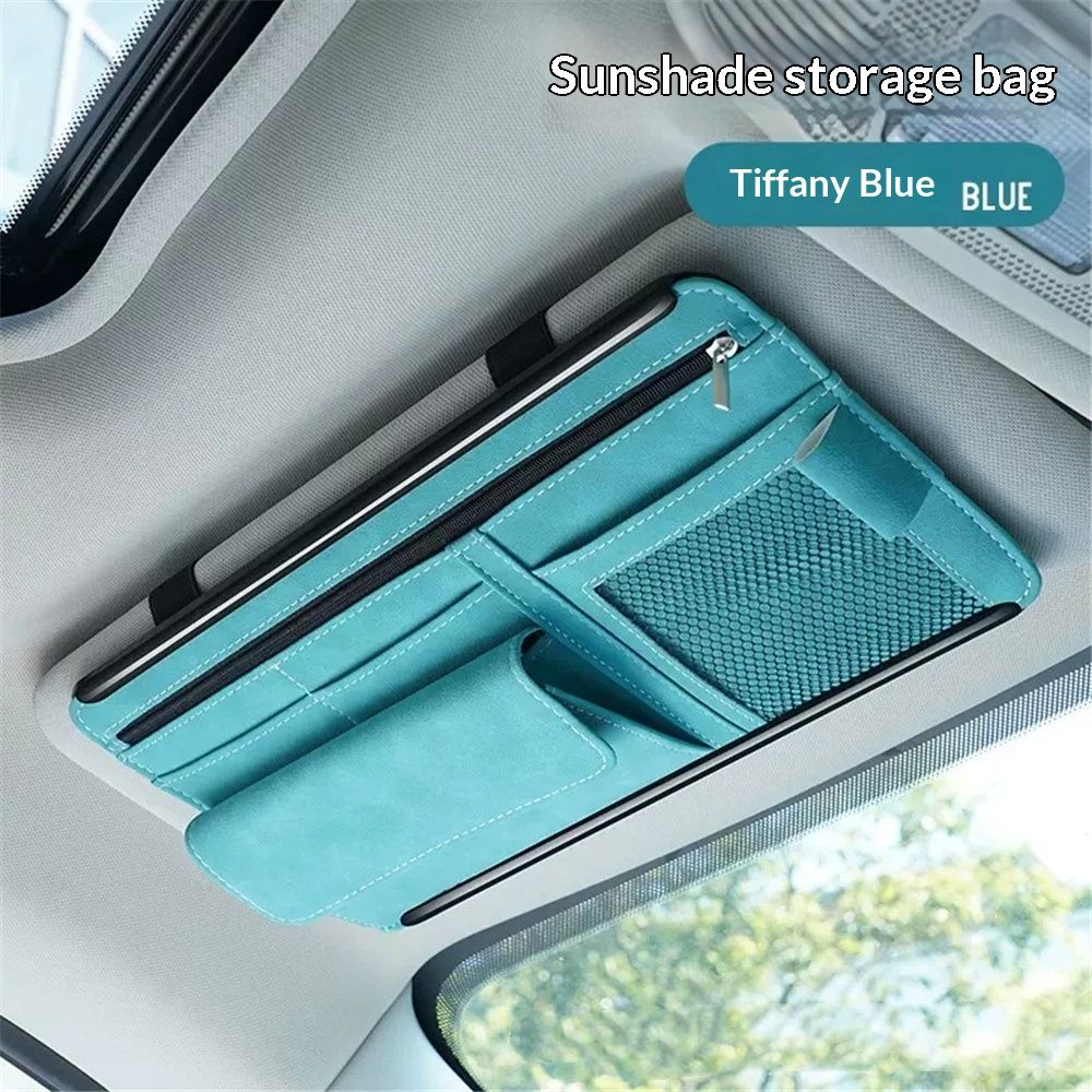 Car Sun Visor Organizer, Soft Leather Surface Eyeglasses Note Card Holder Car Storage Bag, Scratch-Resistant Waterproof Auto Sunshade Organizer Bag, Car Accessories (Blue) - Image 1