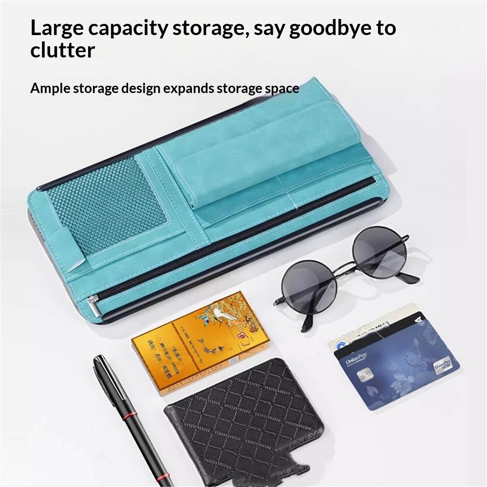 Car Sun Visor Organizer, Soft Leather Surface Eyeglasses Note Card Holder Car Storage Bag, Scratch-Resistant Waterproof Auto Sunshade Organizer Bag, Car Accessories (Blue) - Image 2