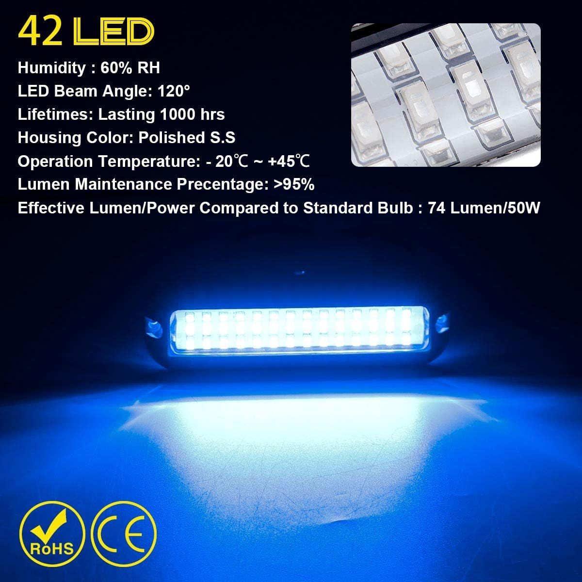 42LED Waterproof 316 Stainless Steel Trim Ring Boat High-Intensity LED Underwater Light Clear Lens Pontoon Marine/Boat Transom (Blue) - Image 4