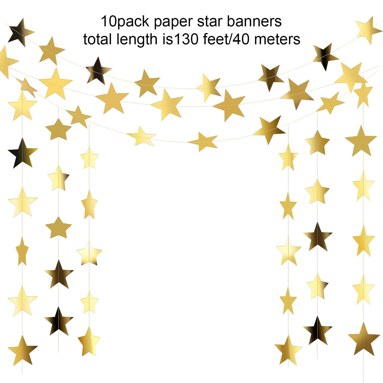 Glitter Star  Banner Christmas Decor 130 Feet Star Hanging Bunting Banner Twinkle Backdrop for Homecoming Classroom Wedding Birthday Halloween Party Supplies(Gold) - Image 2