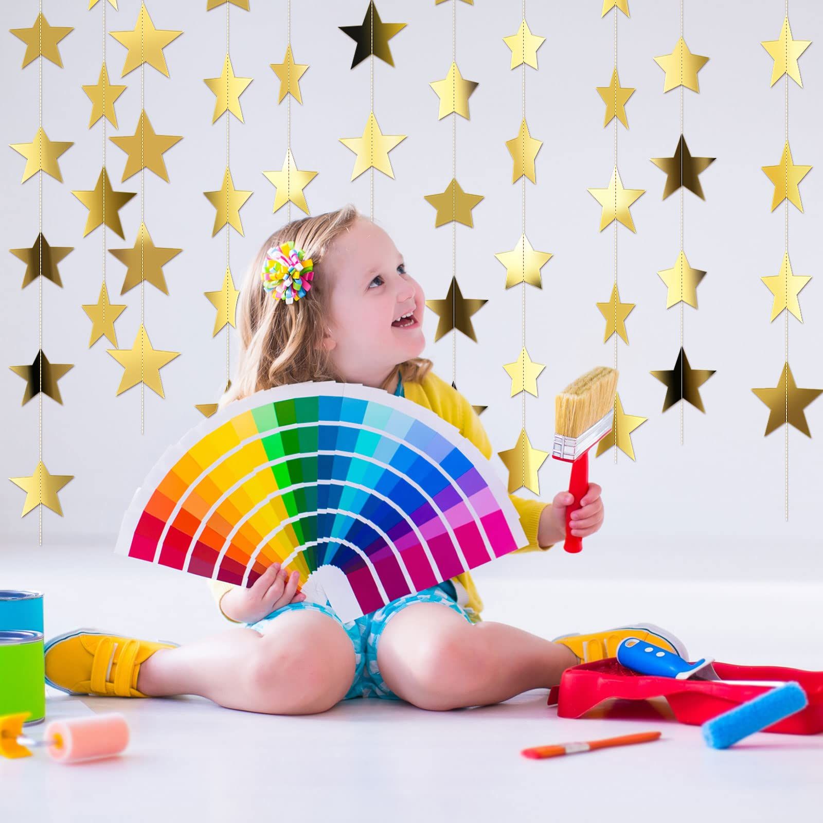 Glitter Star  Banner Christmas Decor 130 Feet Star Hanging Bunting Banner Twinkle Backdrop for Homecoming Classroom Wedding Birthday Halloween Party Supplies(Gold) - Image 3