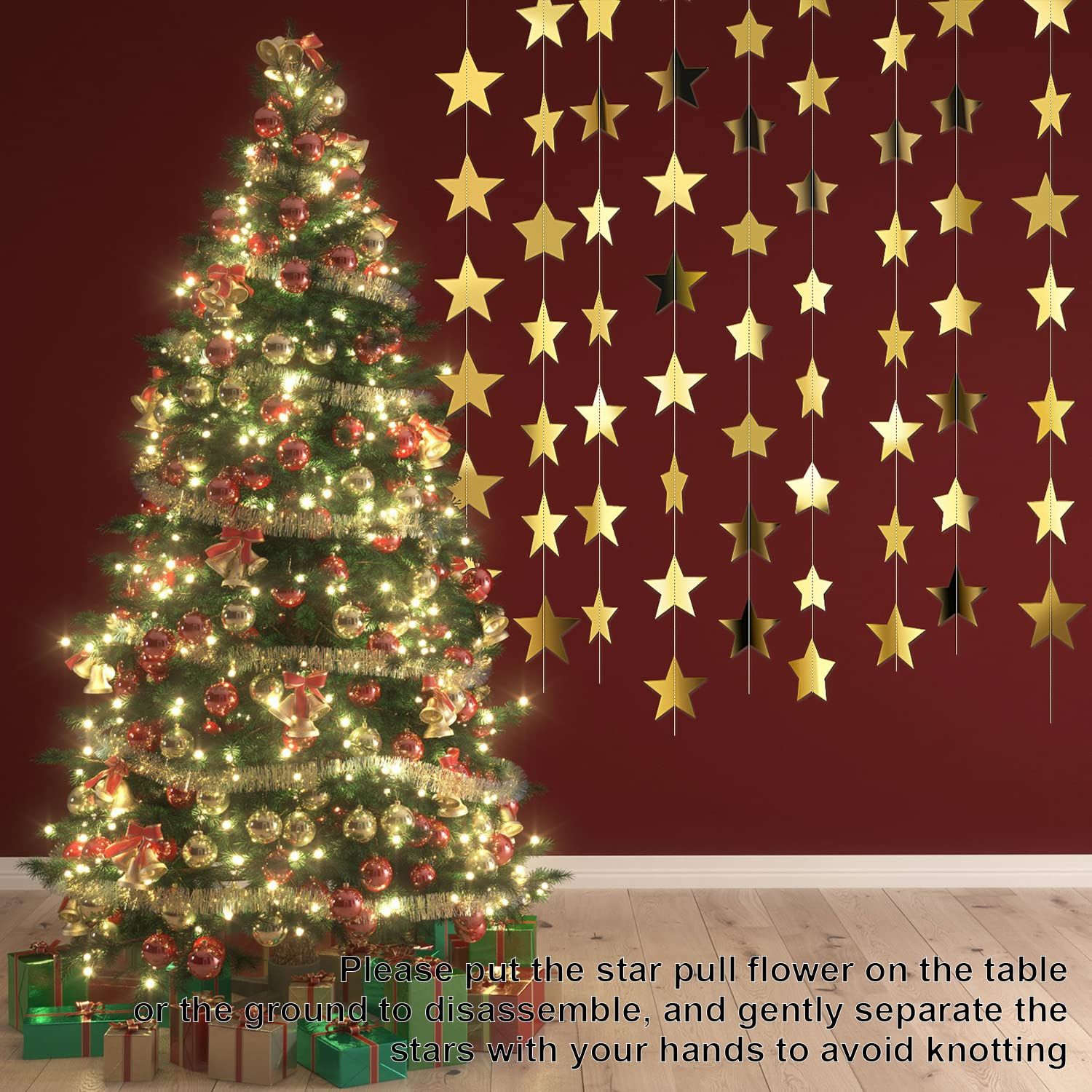 Glitter Star  Banner Christmas Decor 130 Feet Star Hanging Bunting Banner Twinkle Backdrop for Homecoming Classroom Wedding Birthday Halloween Party Supplies(Gold) - Image 5