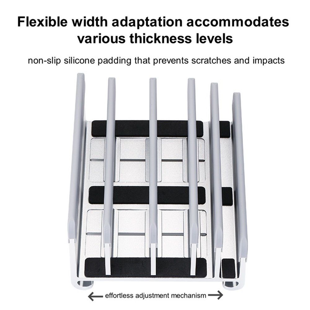 Adjustable Laptop Stand - Fits 5 Devices, Modern Design, Tool Free Adjustment, Protective & Stable | Grey (Grey, 5 Slots) - Image 3