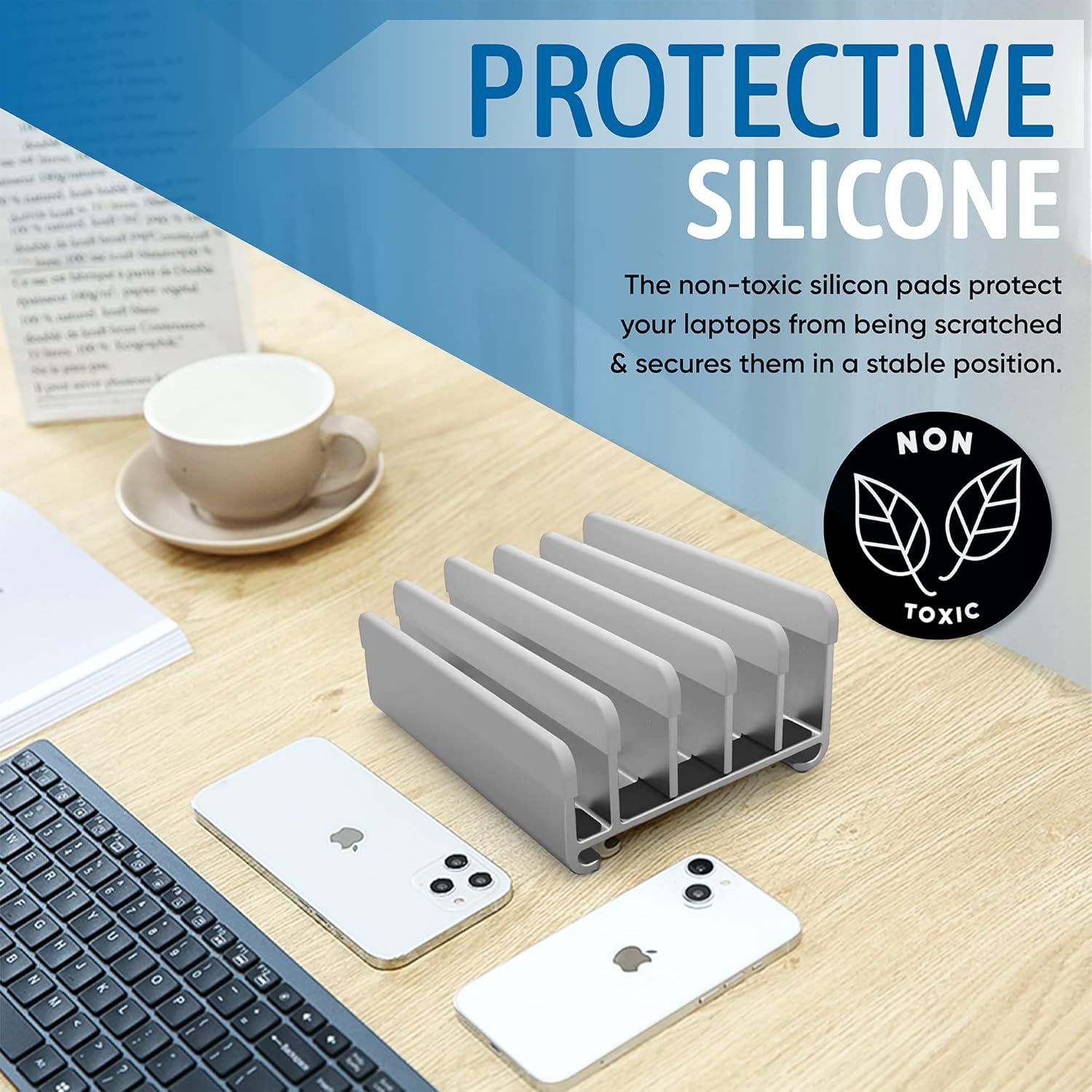 Adjustable Laptop Stand - Fits 5 Devices, Modern Design, Tool Free Adjustment, Protective & Stable | Grey (Grey, 5 Slots) - Image 5
