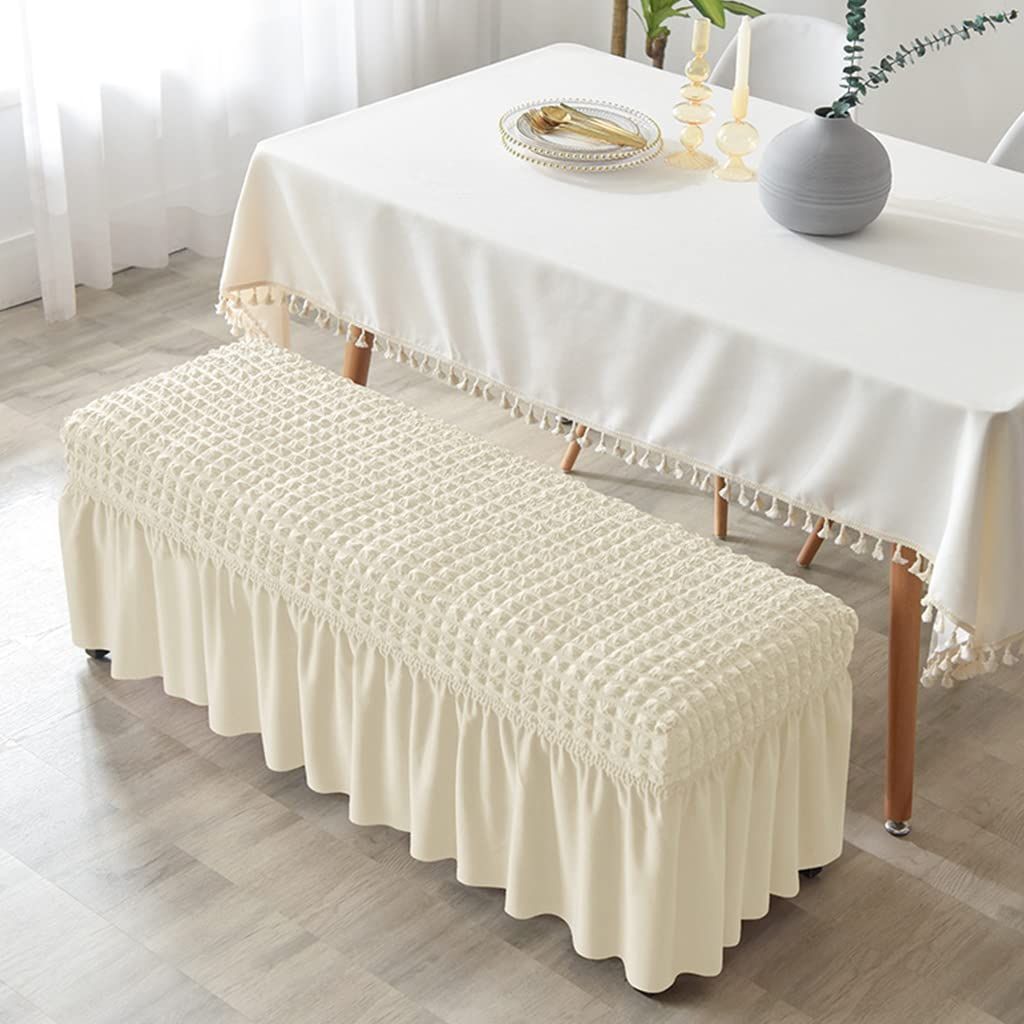 Dining Bench Cover with Skirt 32-47 inch Length Beige Stretch Seersucker Bench Seat Slipcover for Bedroom, Dining Room Washable (Seersucker-Beige) - Image 4