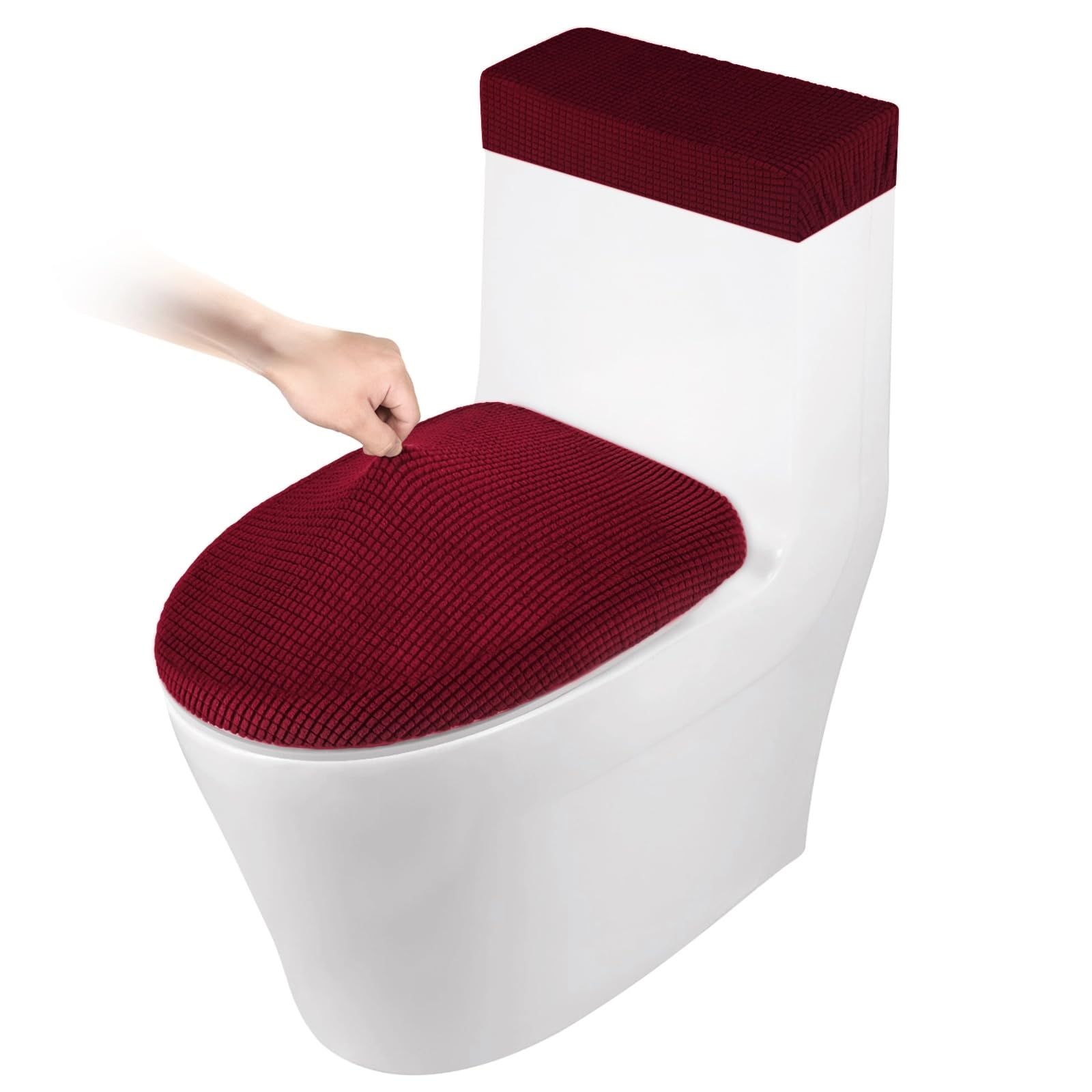 Stretch Velvet Toilet Lid Cover and Toilet Tank Lid Cover, Bathroom Super Soft Toilet Lid Cover Set Luxury Velvet Plush, with Elastic Bottom, Machine Wash, Burgundy - Image 1