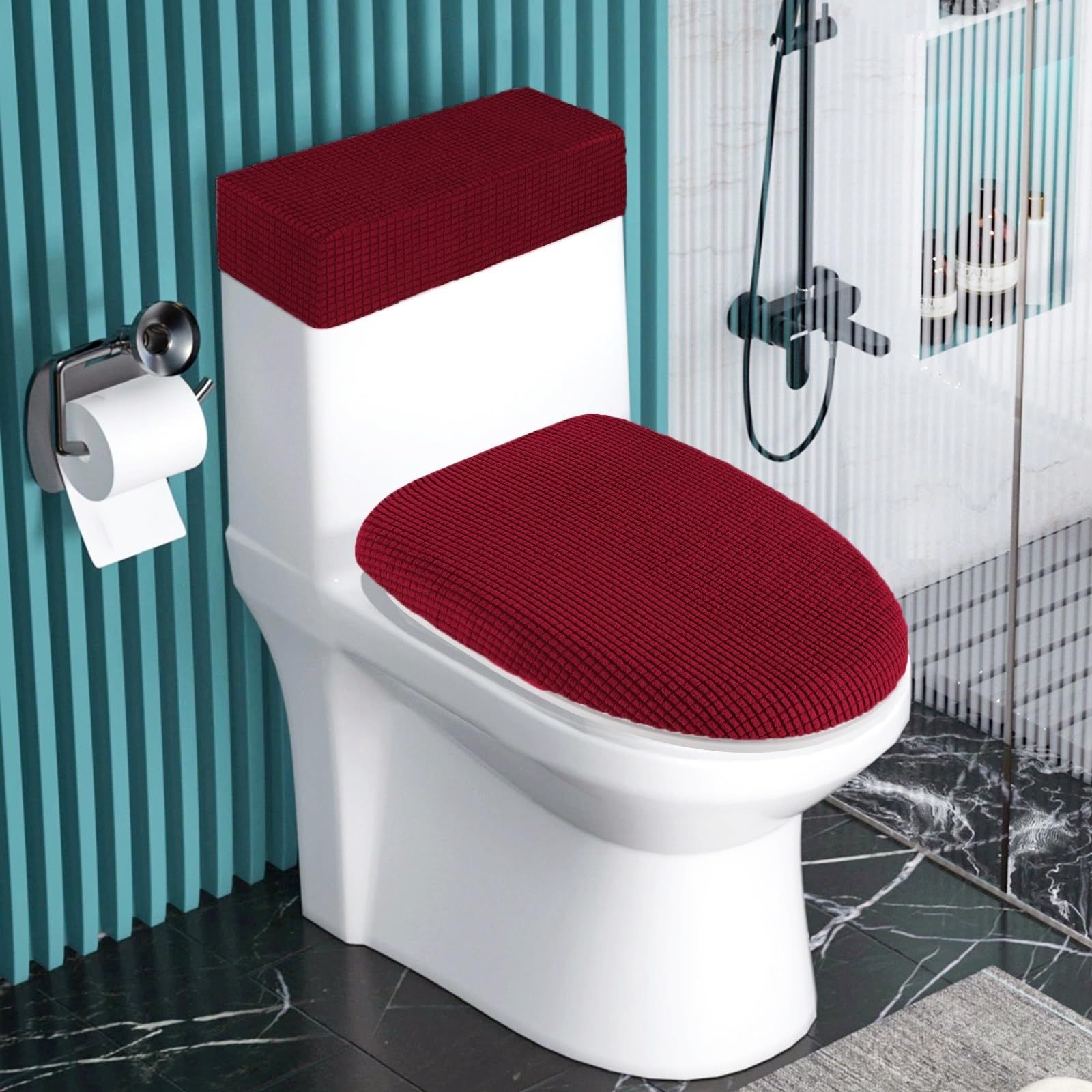 Stretch Velvet Toilet Lid Cover and Toilet Tank Lid Cover, Bathroom Super Soft Toilet Lid Cover Set Luxury Velvet Plush, with Elastic Bottom, Machine Wash, Burgundy - Image 2