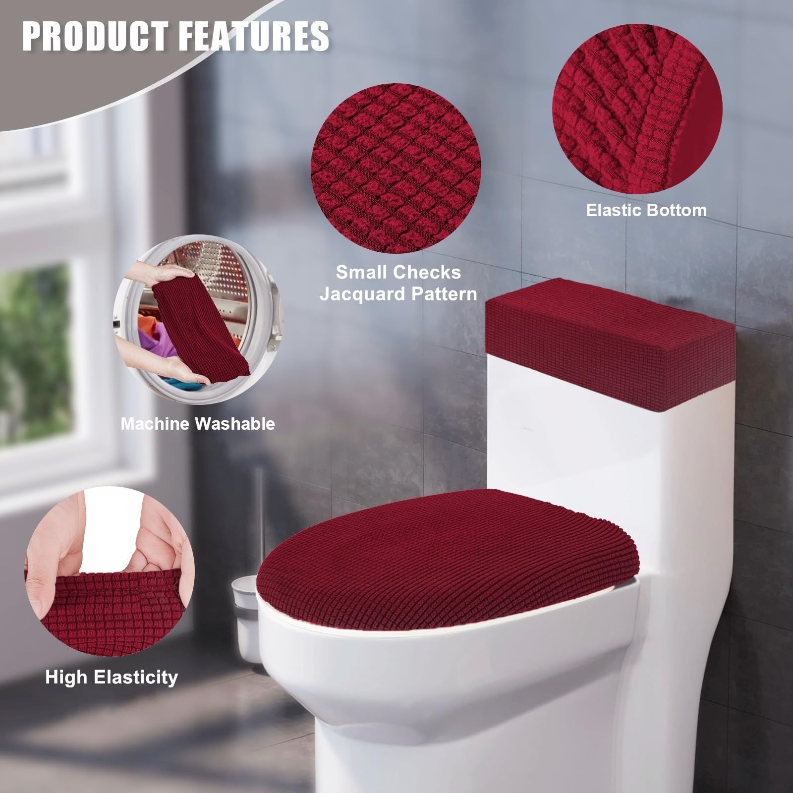 Stretch Velvet Toilet Lid Cover and Toilet Tank Lid Cover, Bathroom Super Soft Toilet Lid Cover Set Luxury Velvet Plush, with Elastic Bottom, Machine Wash, Burgundy - Image 3