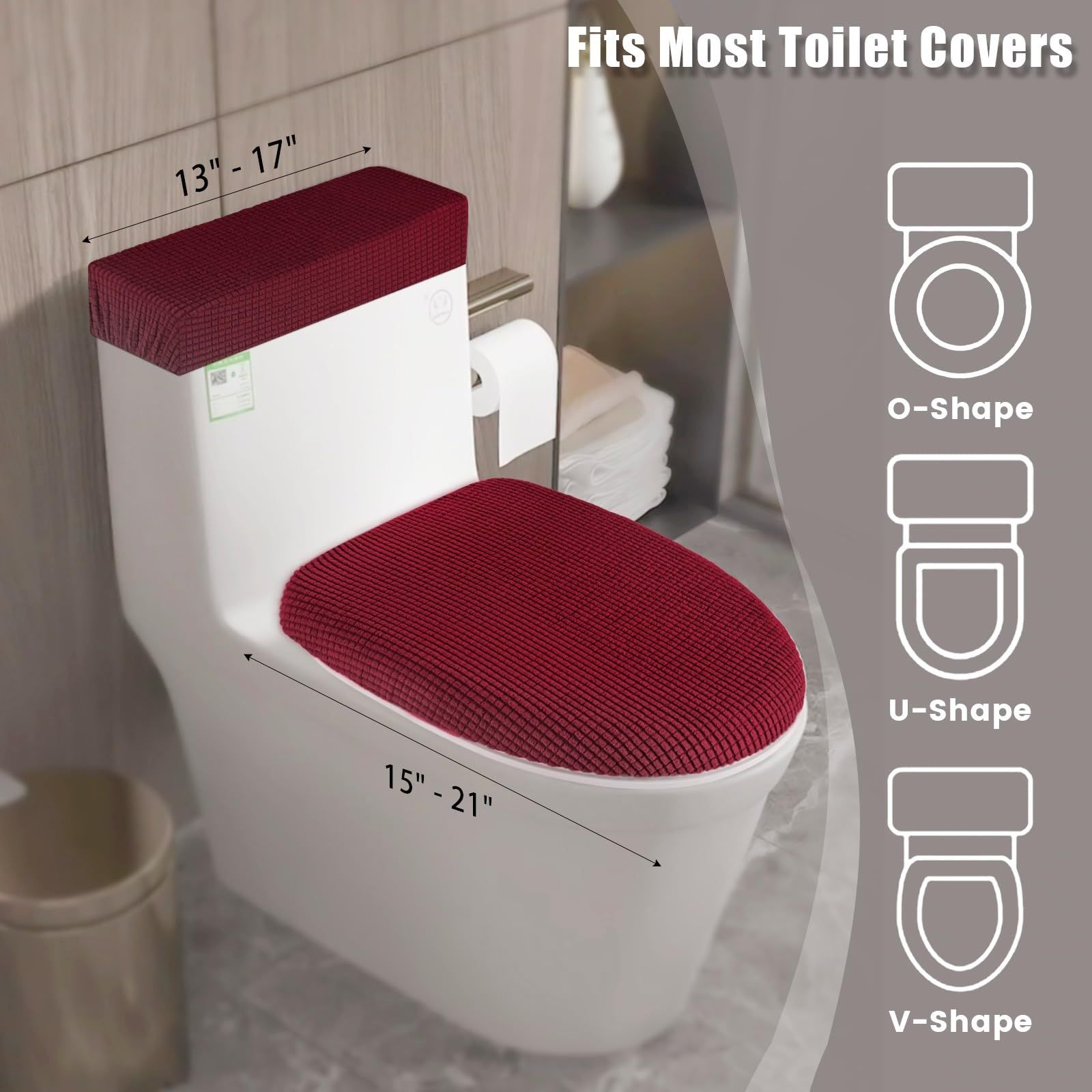Stretch Velvet Toilet Lid Cover and Toilet Tank Lid Cover, Bathroom Super Soft Toilet Lid Cover Set Luxury Velvet Plush, with Elastic Bottom, Machine Wash, Burgundy - Image 4
