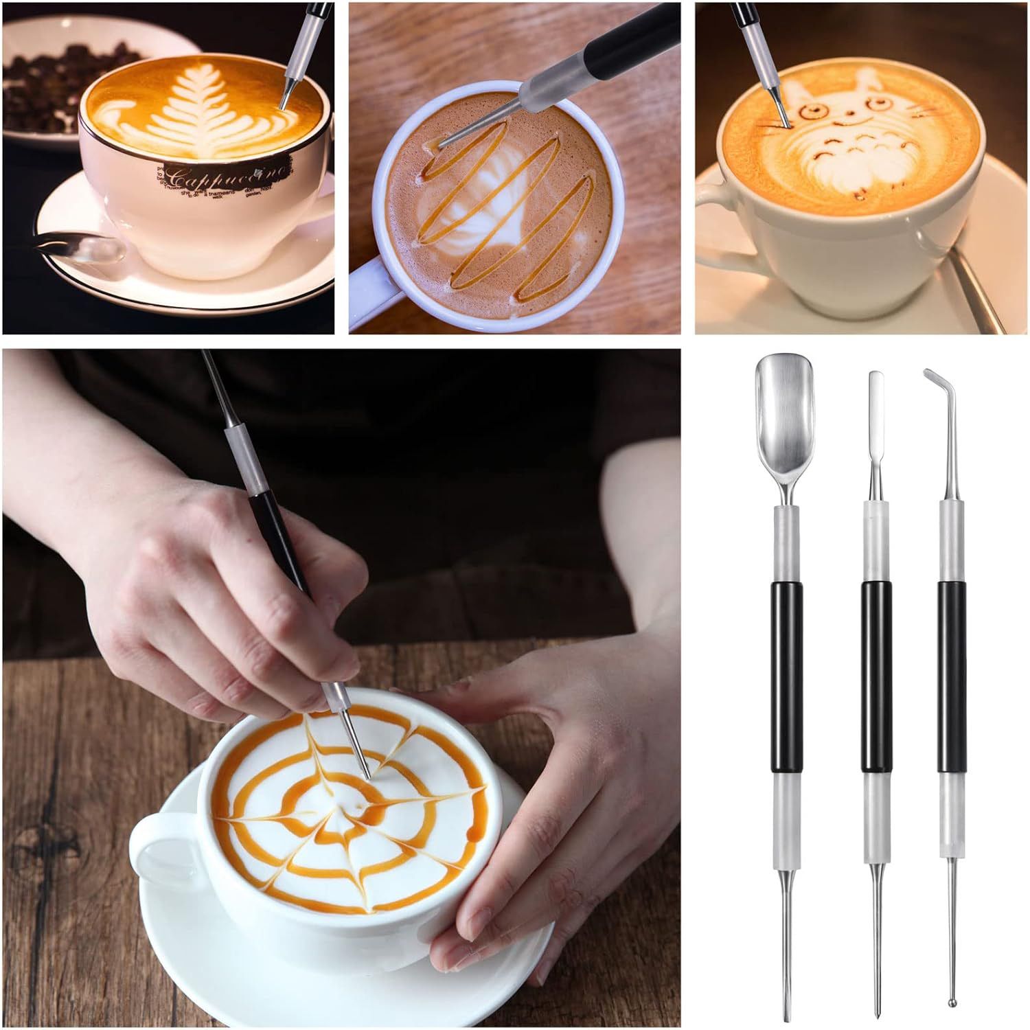 Latte Art Set (3 Tools) for Latte Art, Cappuccino and Espresso,Espresso Latte Art Tools, Spoon & Lance, Spatula & Spike and Knob & Hook Decorating Pen Set 3 Pieces - Image 3