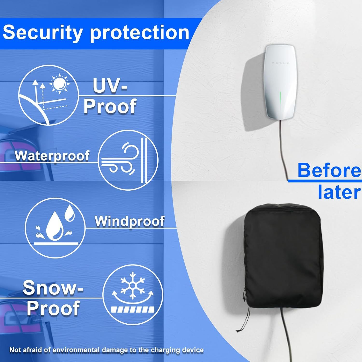EV Charger Cover for Wall Connector Level 2, Charging Station Cover with Adjustable Zipper, Sun UV Snow Protections Bag for Most Electric Car(Black Large) - Image 2