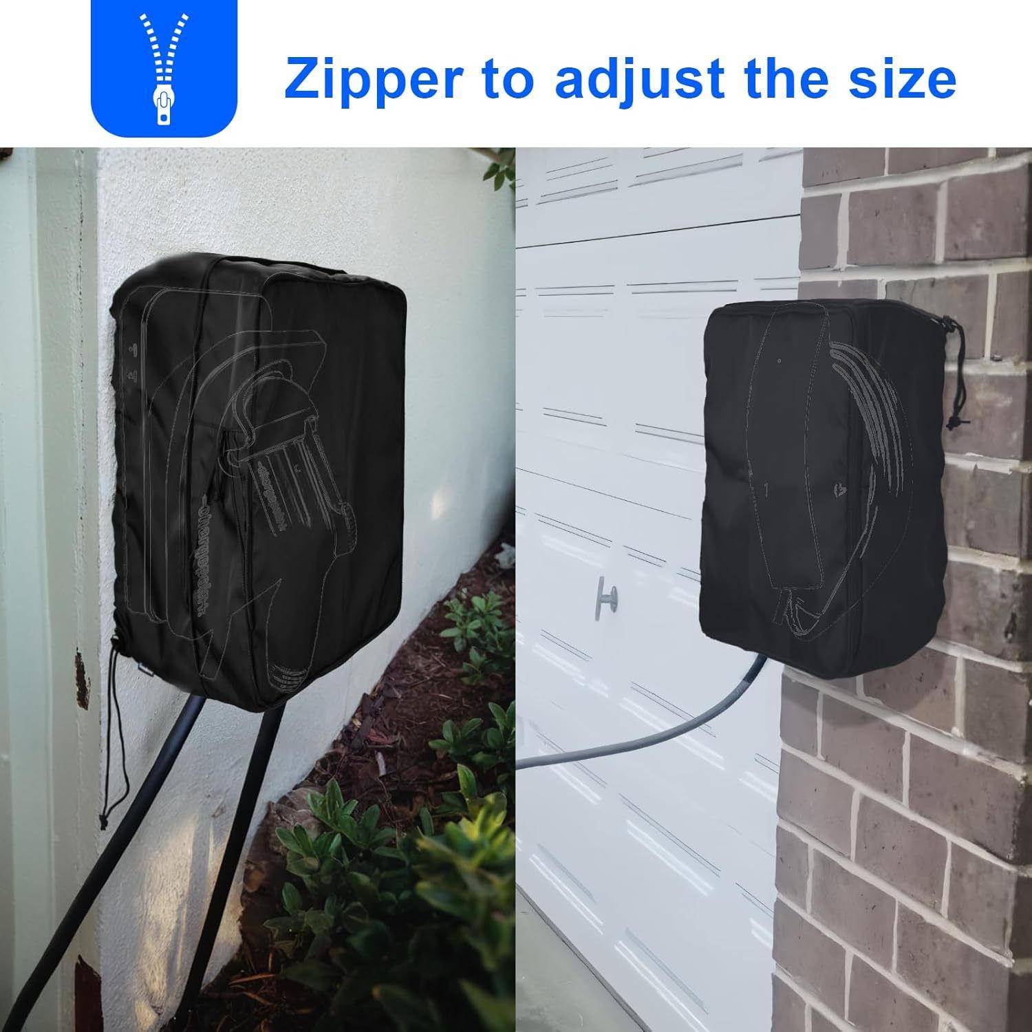 EV Charger Cover for Wall Connector Level 2, Charging Station Cover with Adjustable Zipper, Sun UV Snow Protections Bag for Most Electric Car(Black Large) - Image 3